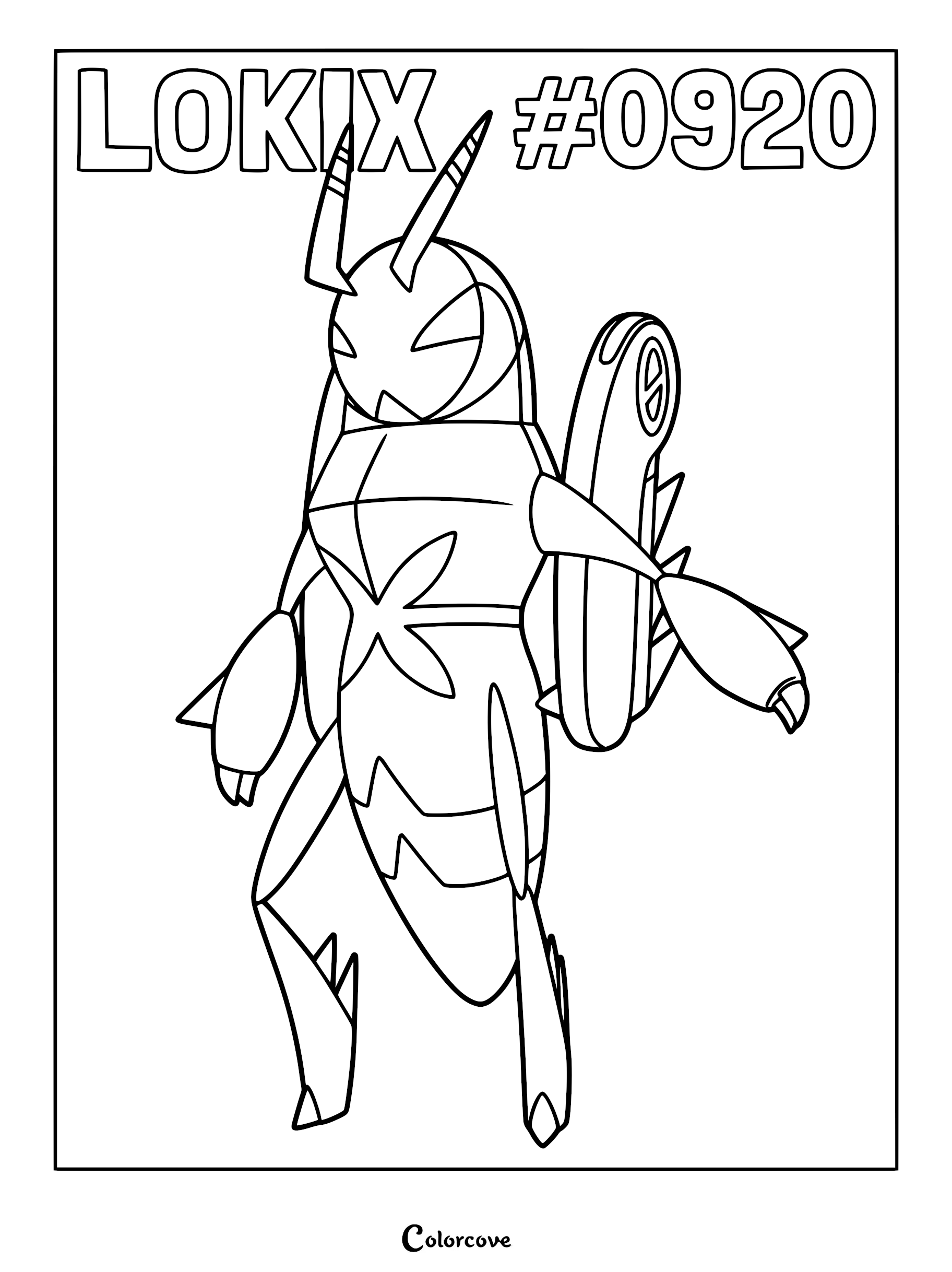 A printable coloring page featuring the grasshopper-like Pokémon Lokix standing in a heroic pose with its signature blade-like limbs and folded back wings.
