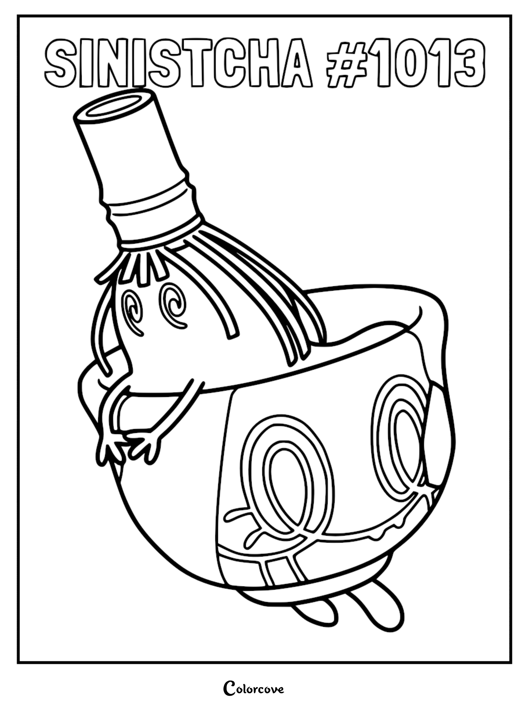 A printable coloring page featuring the Paldean Pokémon Sinistcha, showing its tea bowl body and bamboo whisk head.
