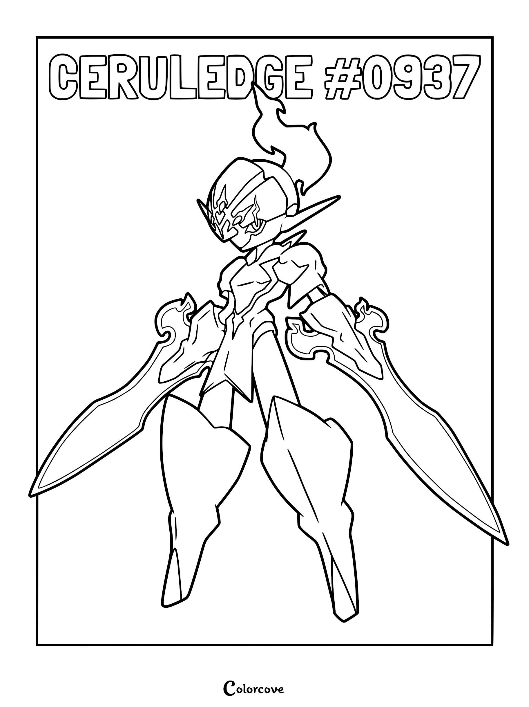 Ceruledge #0937 standing in a heroic pose with dual blade arms, featured on a printable coloring page.