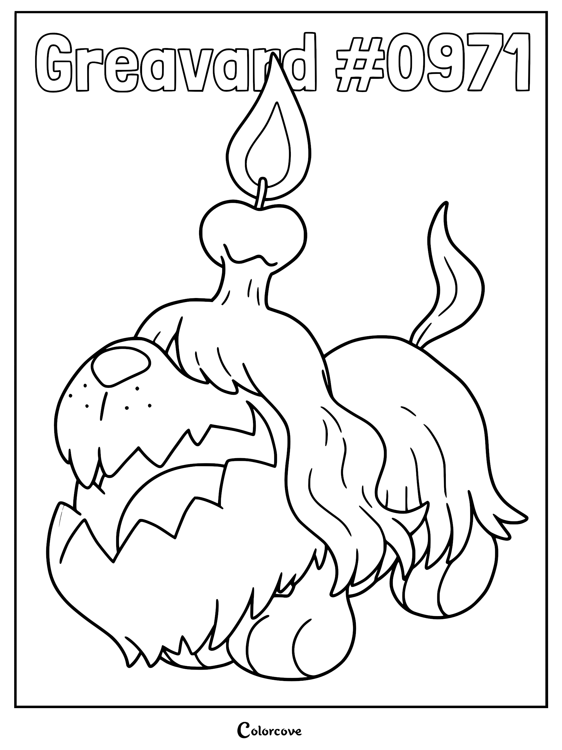 Greavard Pokémon coloring page featuring the ghost dog with a candle on its head and shaggy fur.