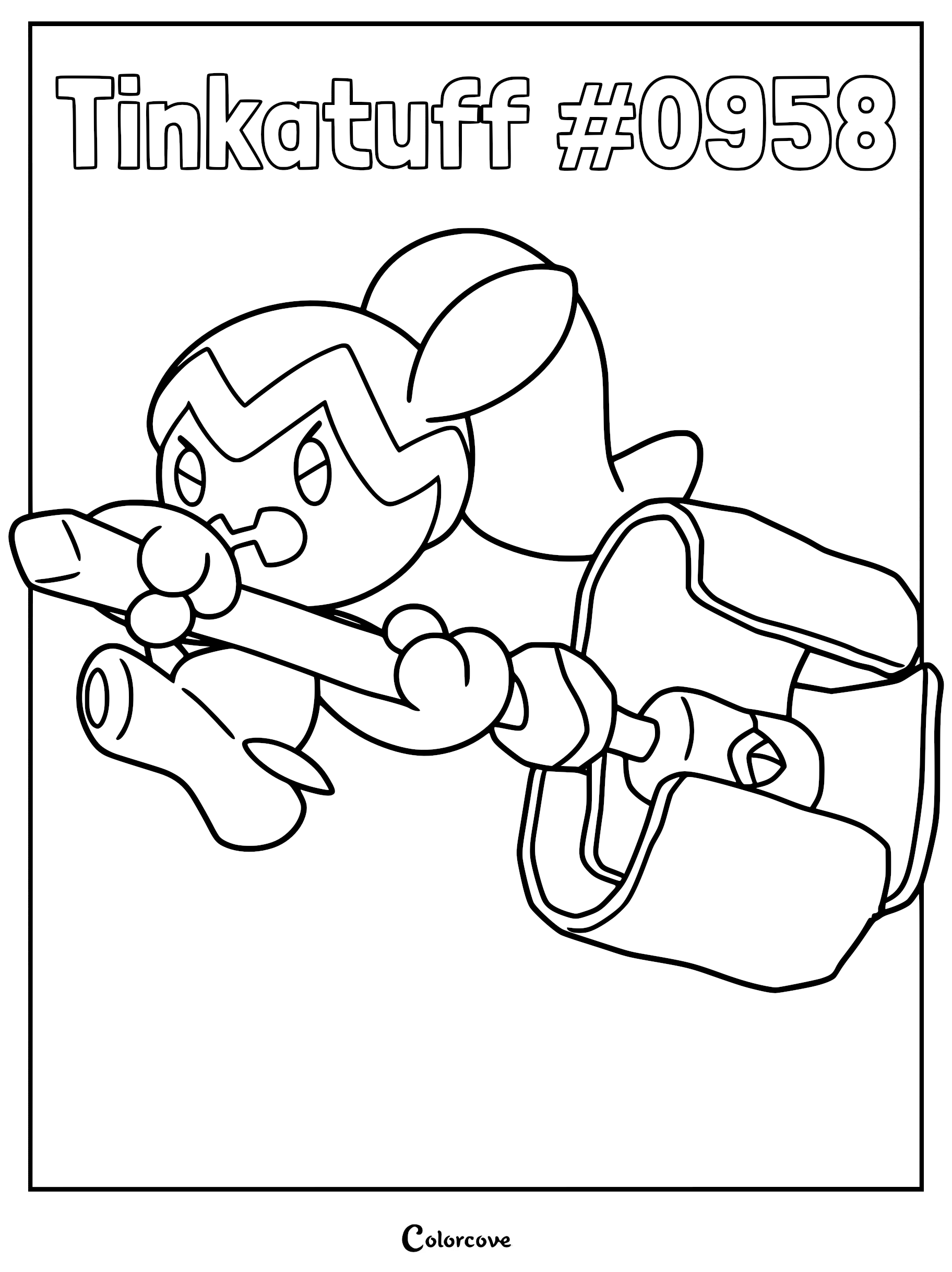 Tinkatuff holding a large metal hammer, line art coloring page of the Paldea region Pokémon.