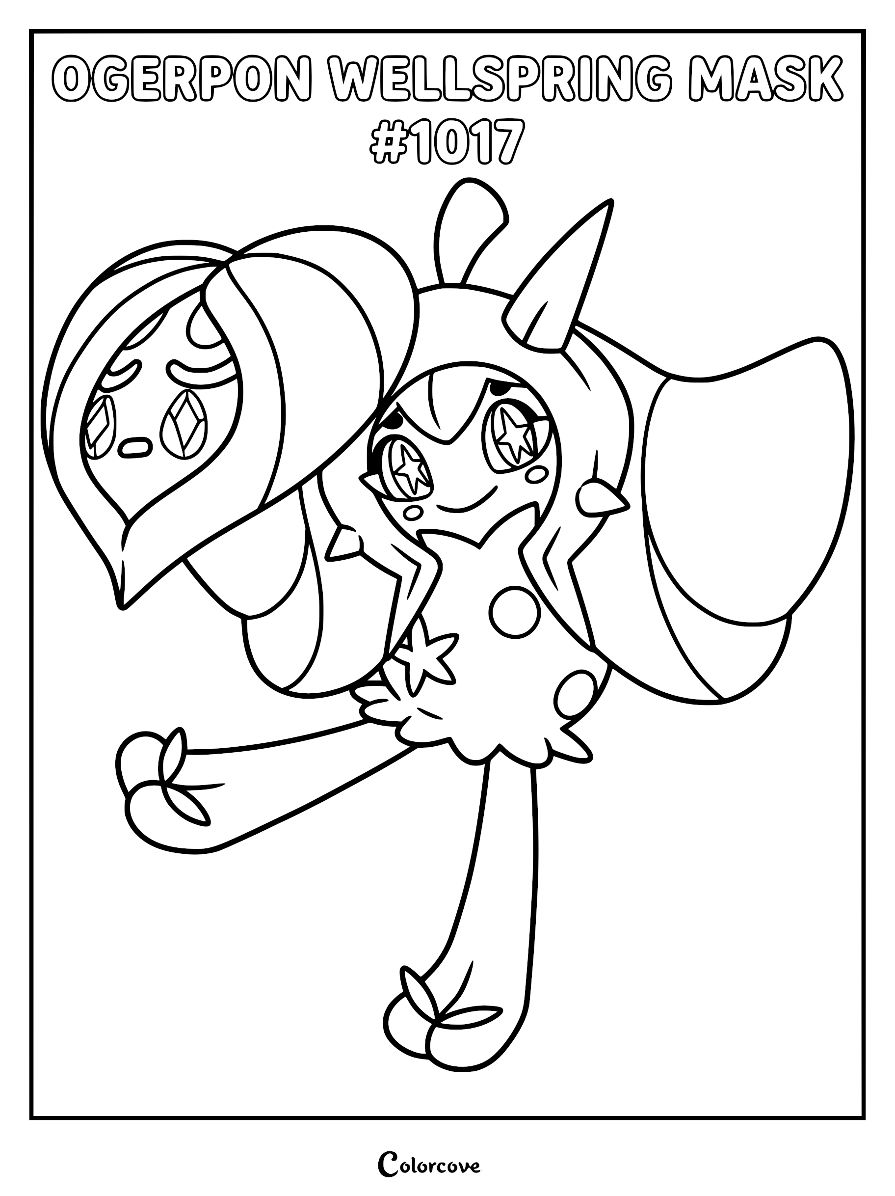 Ogerpon Wellspring Mask coloring page featuring the legendary Pokémon holding its signature water-themed mask with star-shaped eyes.