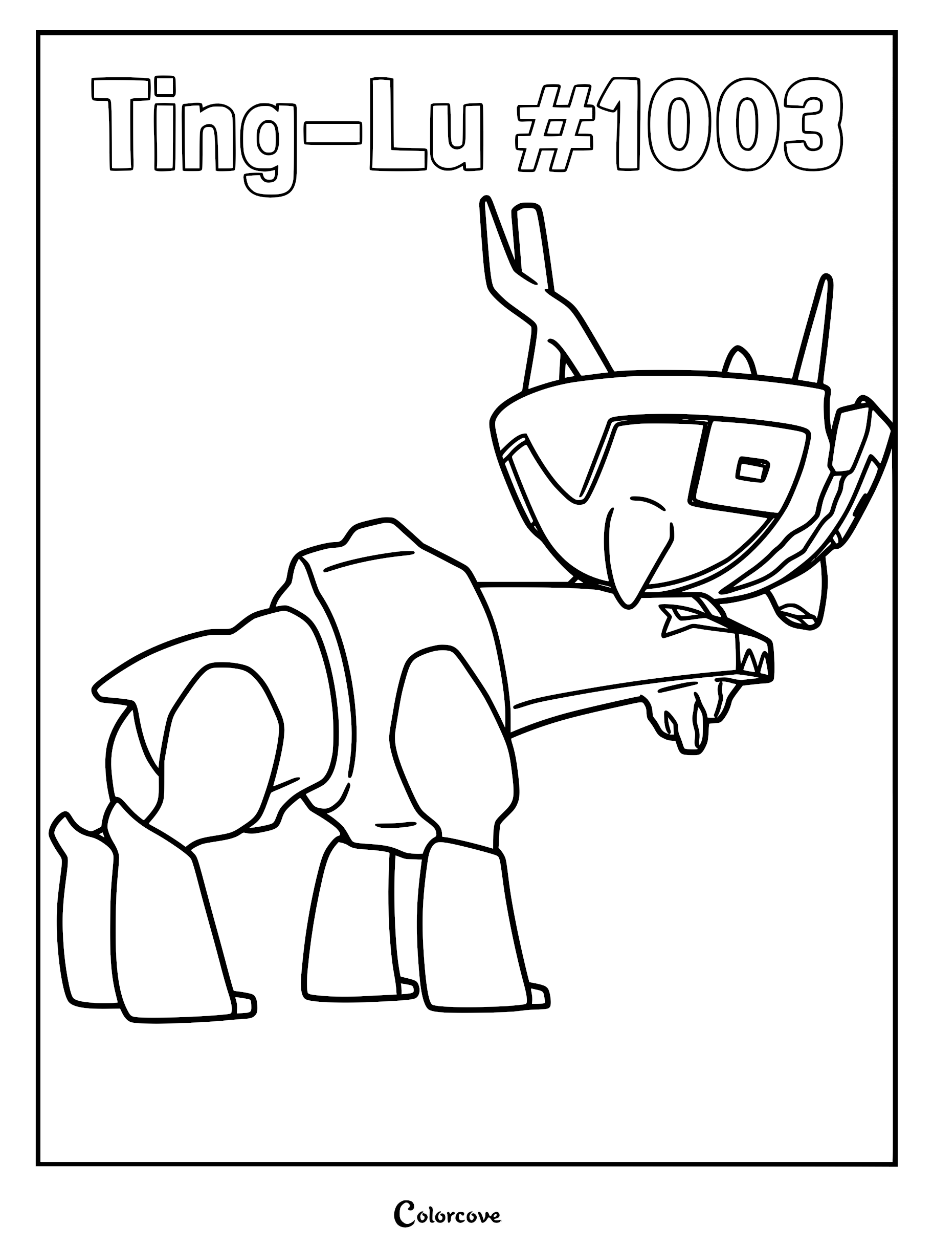 A detailed coloring page of the Gen 9 Paldea Pokémon Ting-Lu, featuring its massive ritual vessel headpiece and deer-like body.