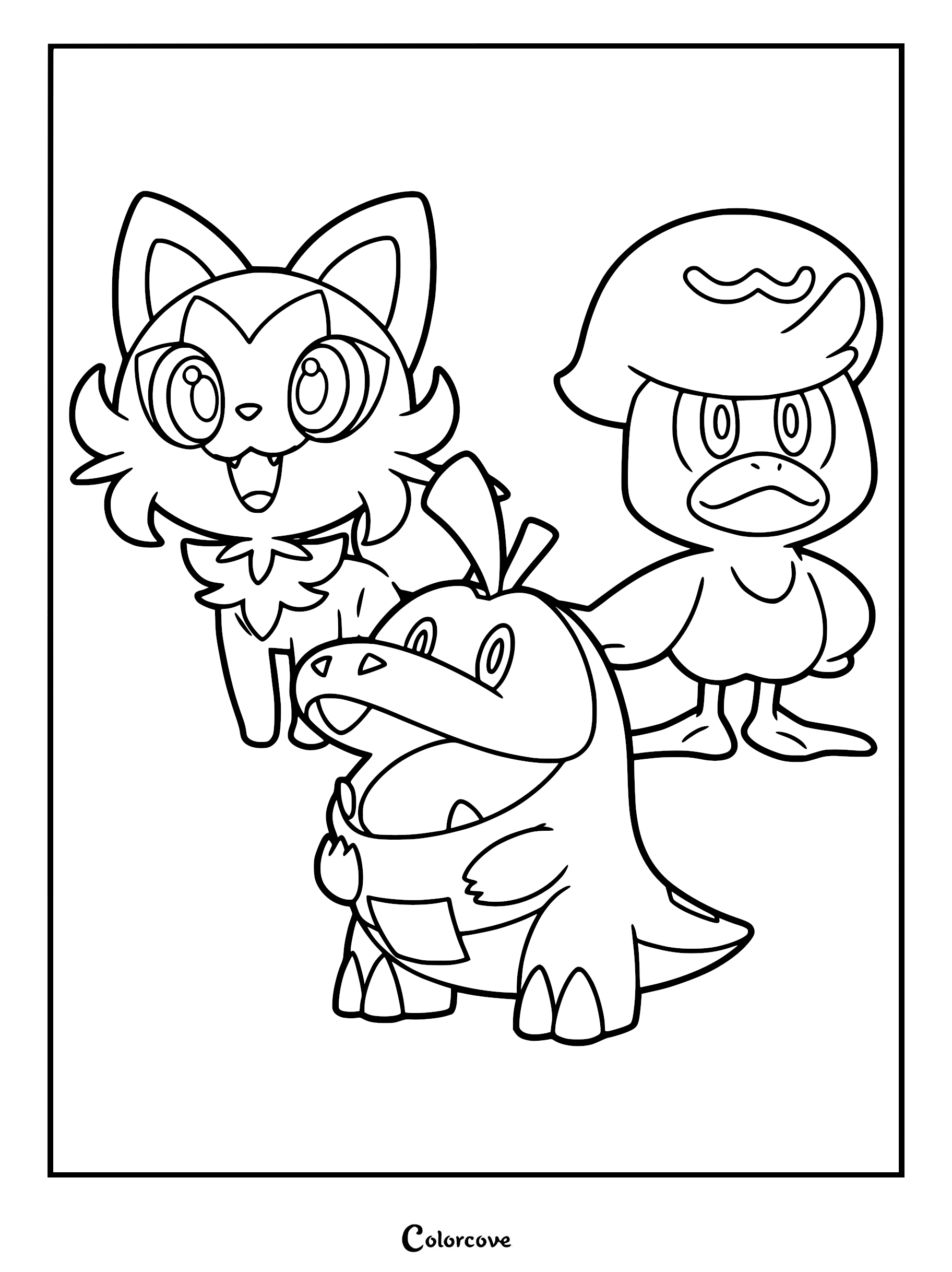 A black and white line art coloring page featuring the three Paldea starter Pokémon Sprigatito, Fuecoco, and Quaxly standing together.