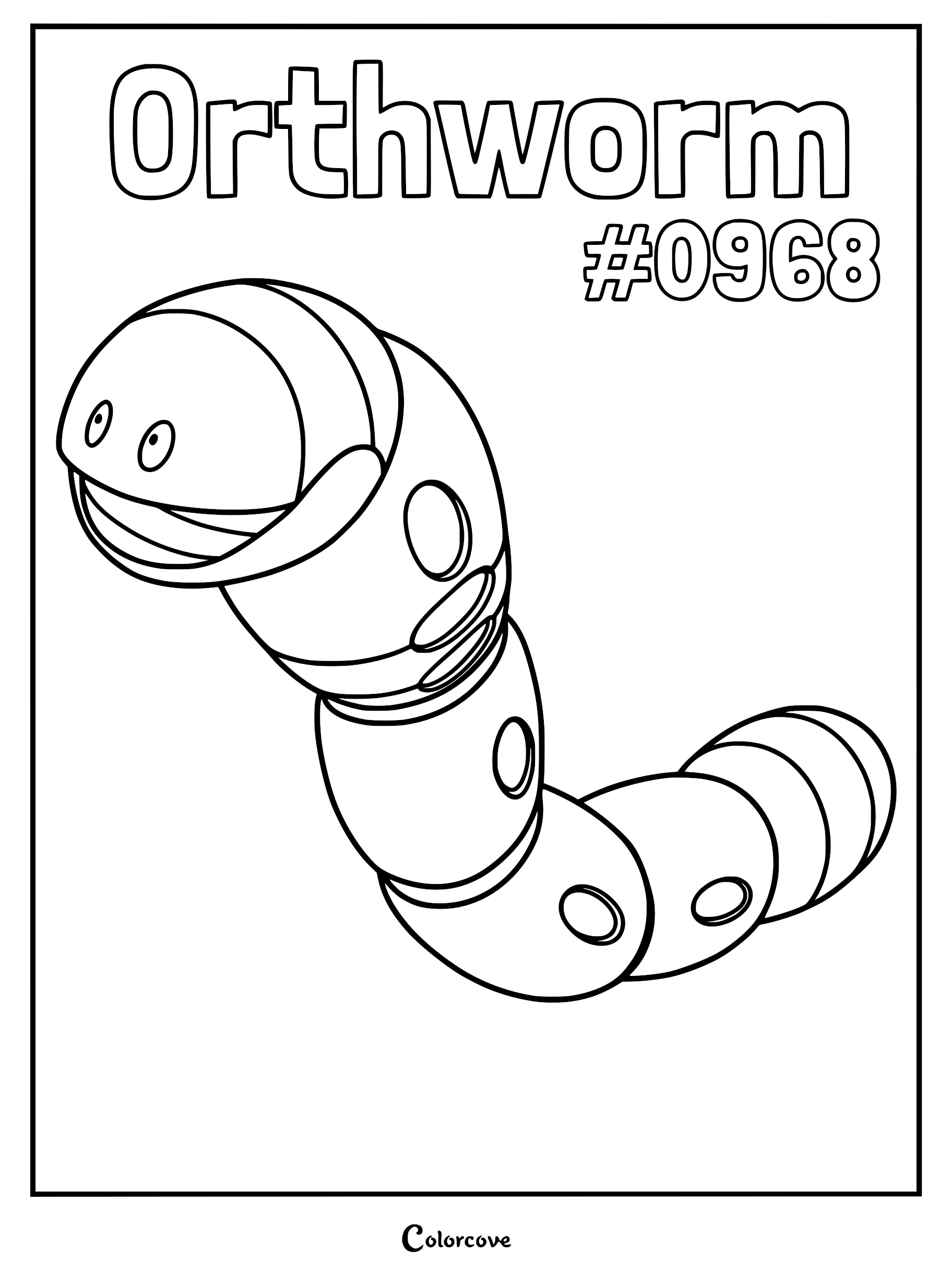 Orthworm Pokémon coloring page featuring the segmented, worm-like creature with a smiling face and circular body markings.