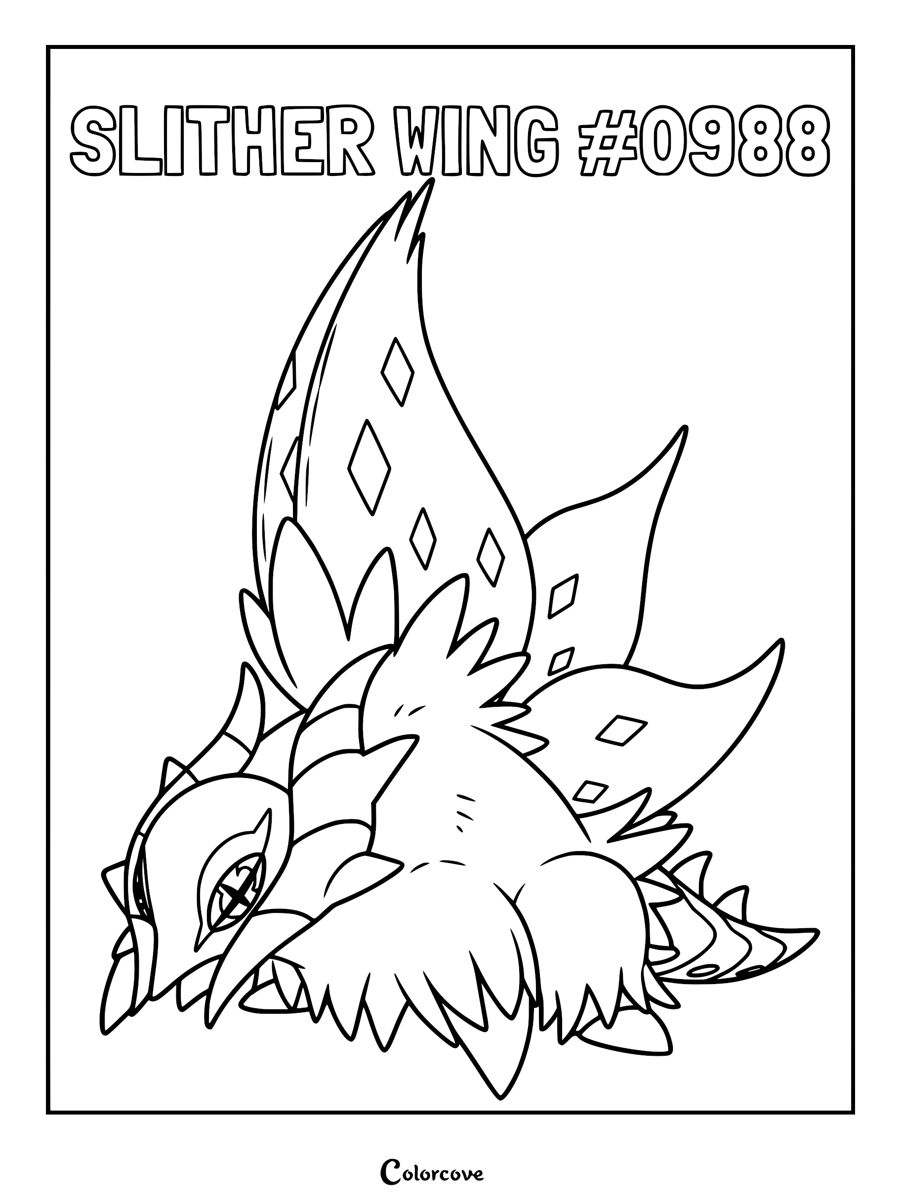 Slither Wing Pokémon coloring page featuring the ancient bug-type creature with large diamond-patterned wings and sharp head crest.