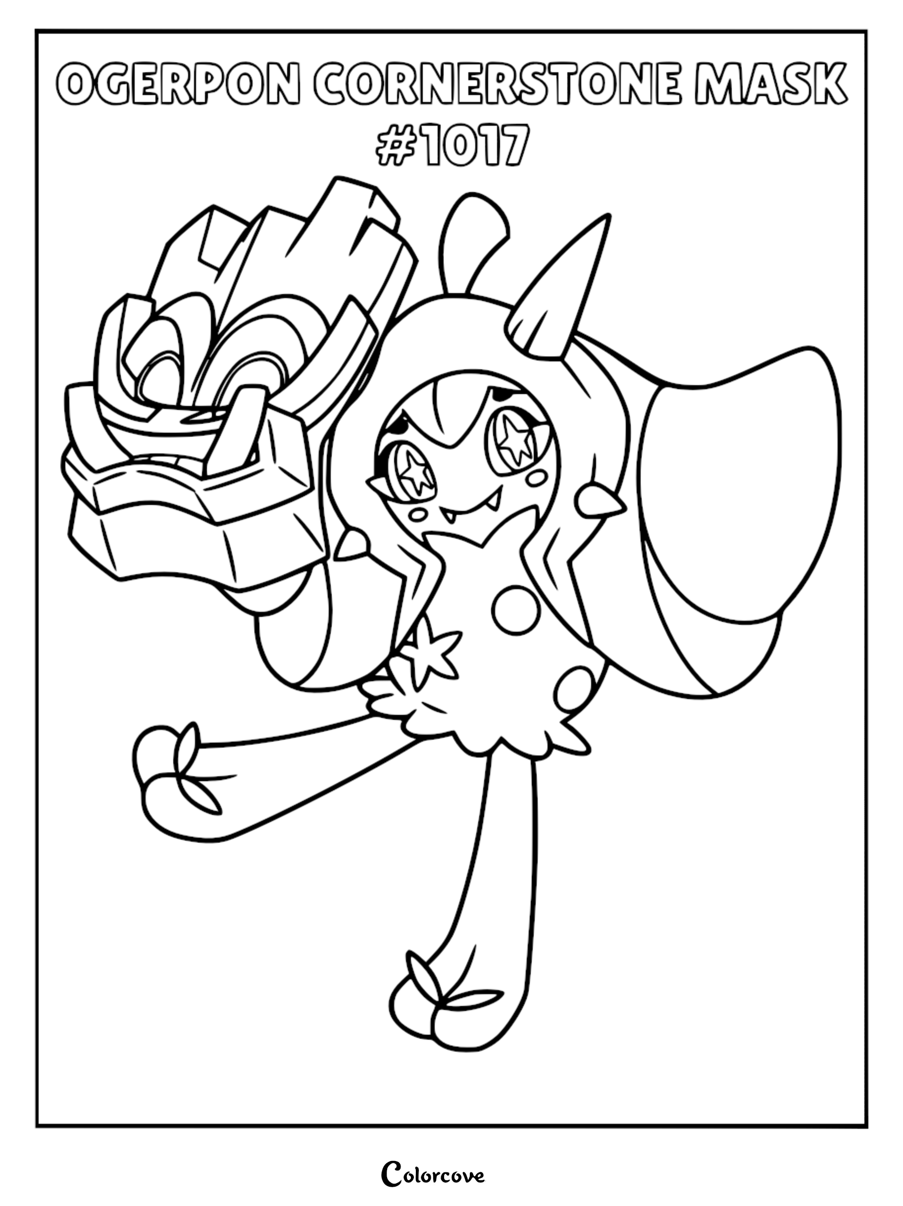 Ogerpon Cornerstone Mask coloring page featuring the legendary Pokémon holding its stone mask with star-shaped eyes.