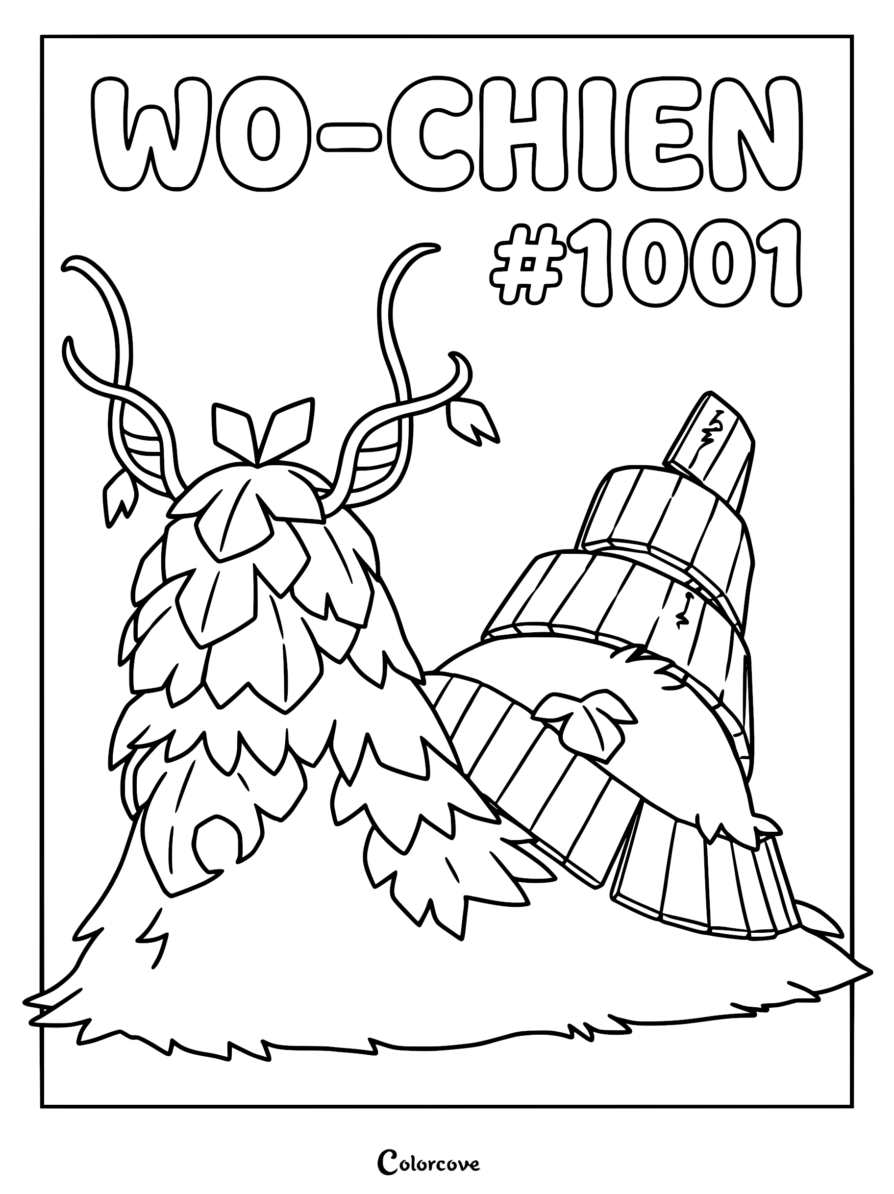 A printable coloring page featuring the Paldean Pokémon Wo-Chien with its signature wooden tablet shell and leafy body.