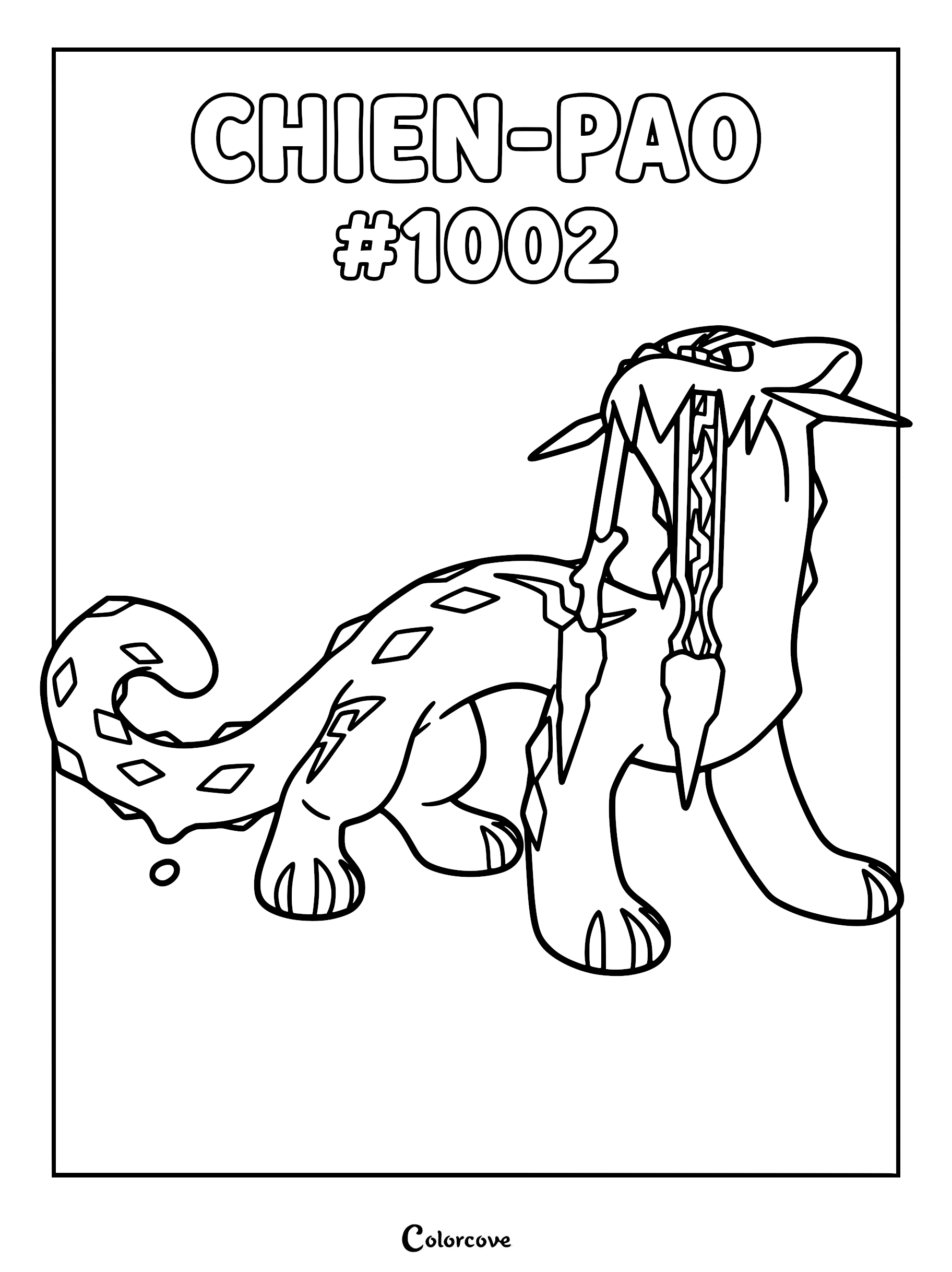Chien-Pao coloring page featuring the snow leopard Pokémon with its signature broken sword fangs and icy markings.