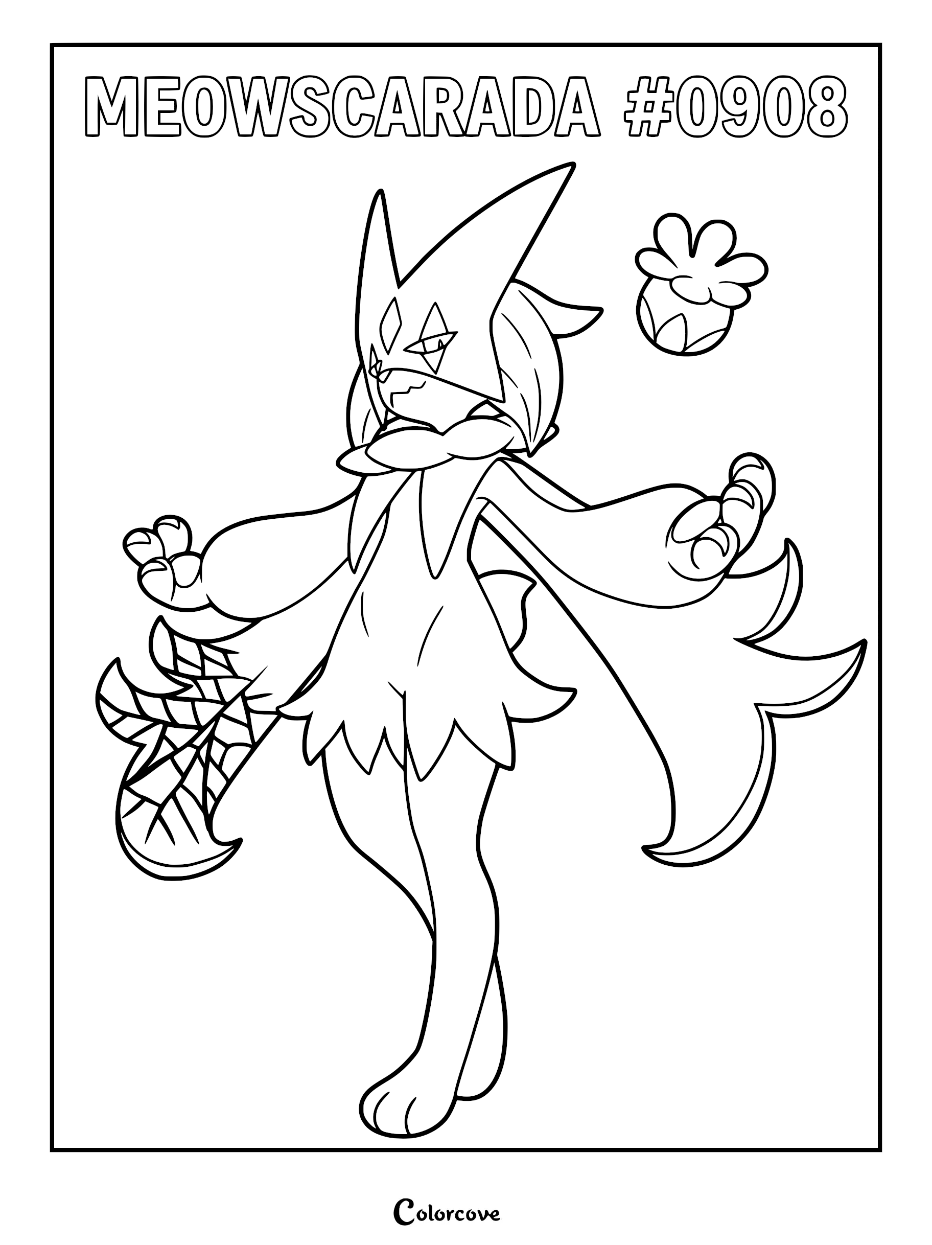 Meowscarada standing with a flower bud floating nearby, detailed line art coloring page.