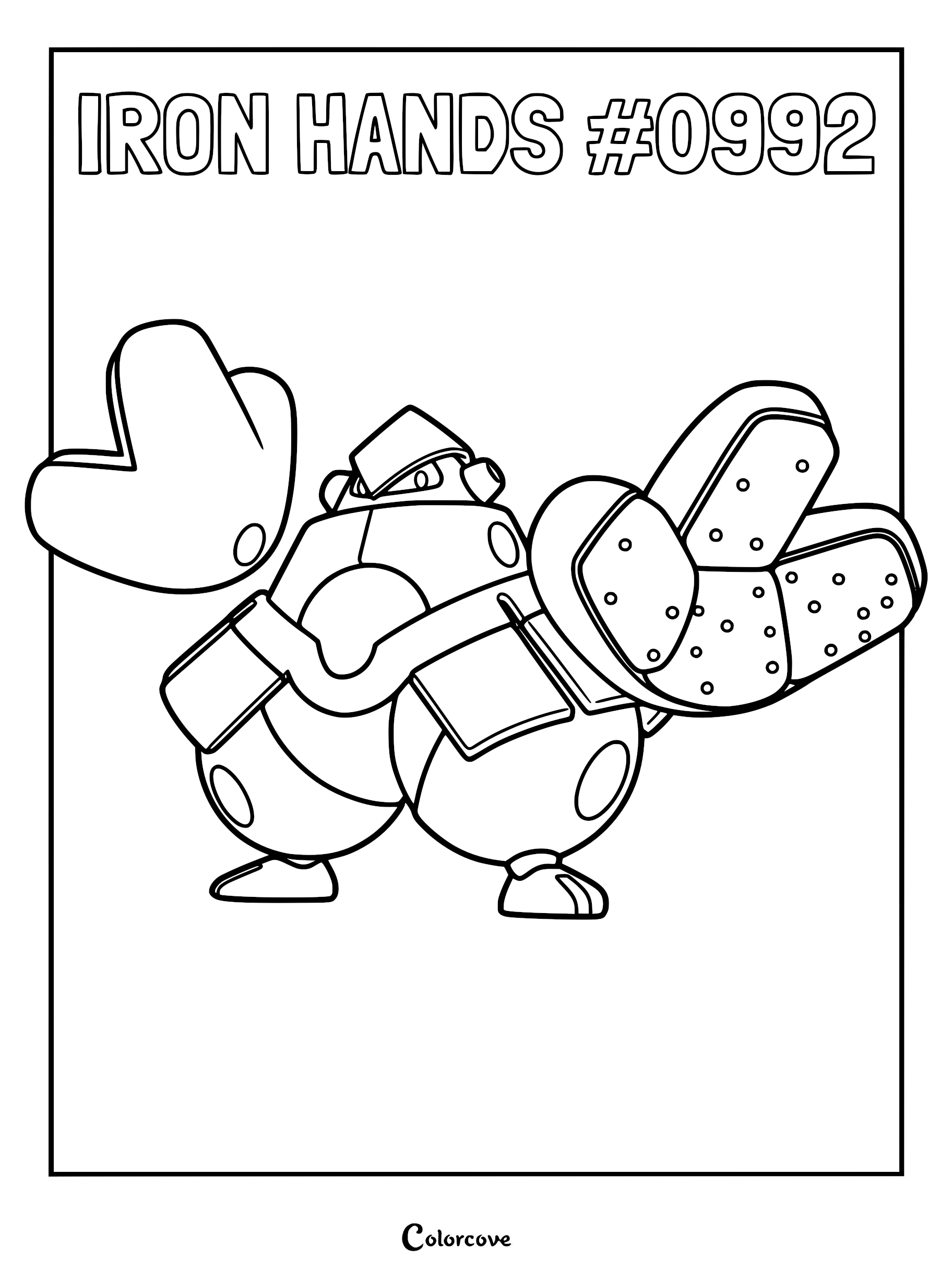 Iron Hands Pokémon coloring page featuring the robotic fighting type with massive hands and mechanical details.