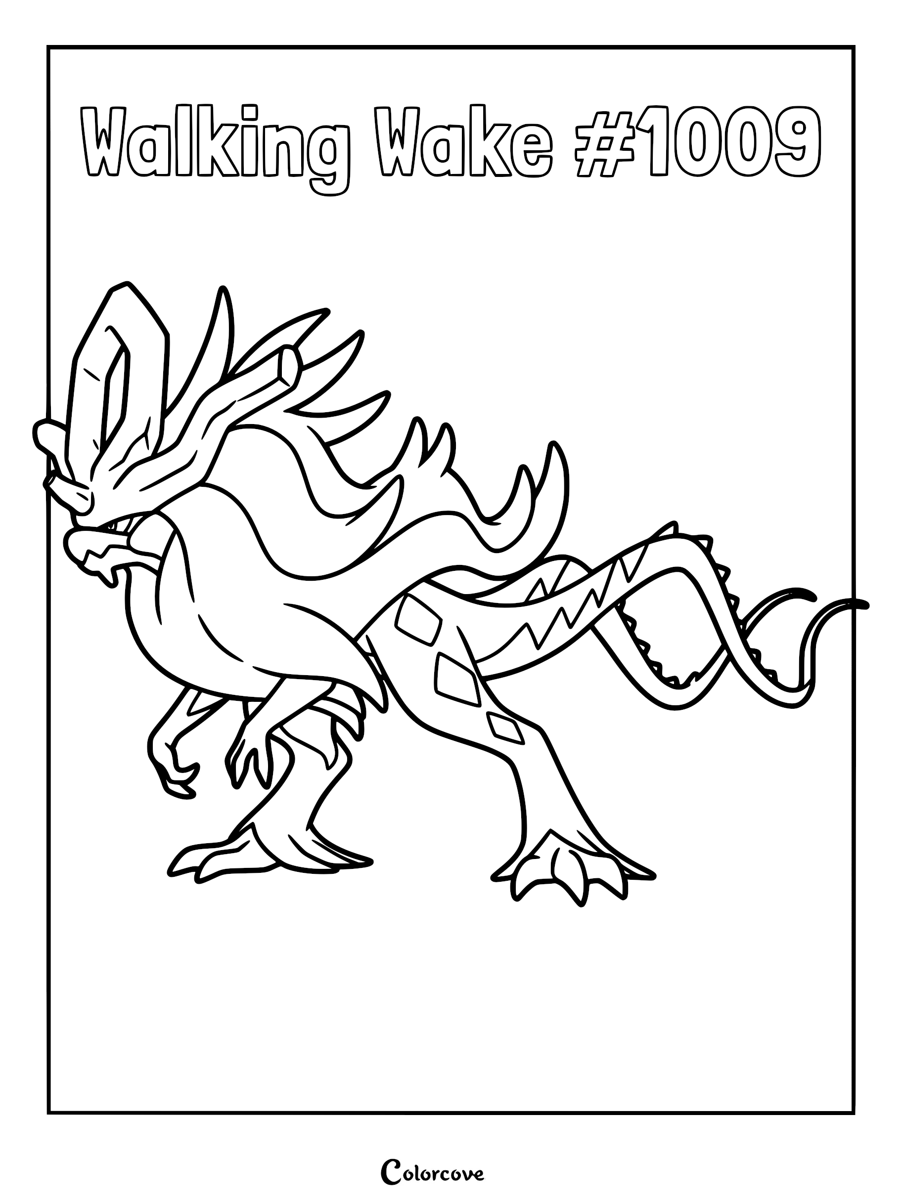 Walking Wake #1009 line art coloring page featuring the dinosaur-like Paradox Pokémon with its distinct crest and long tail.