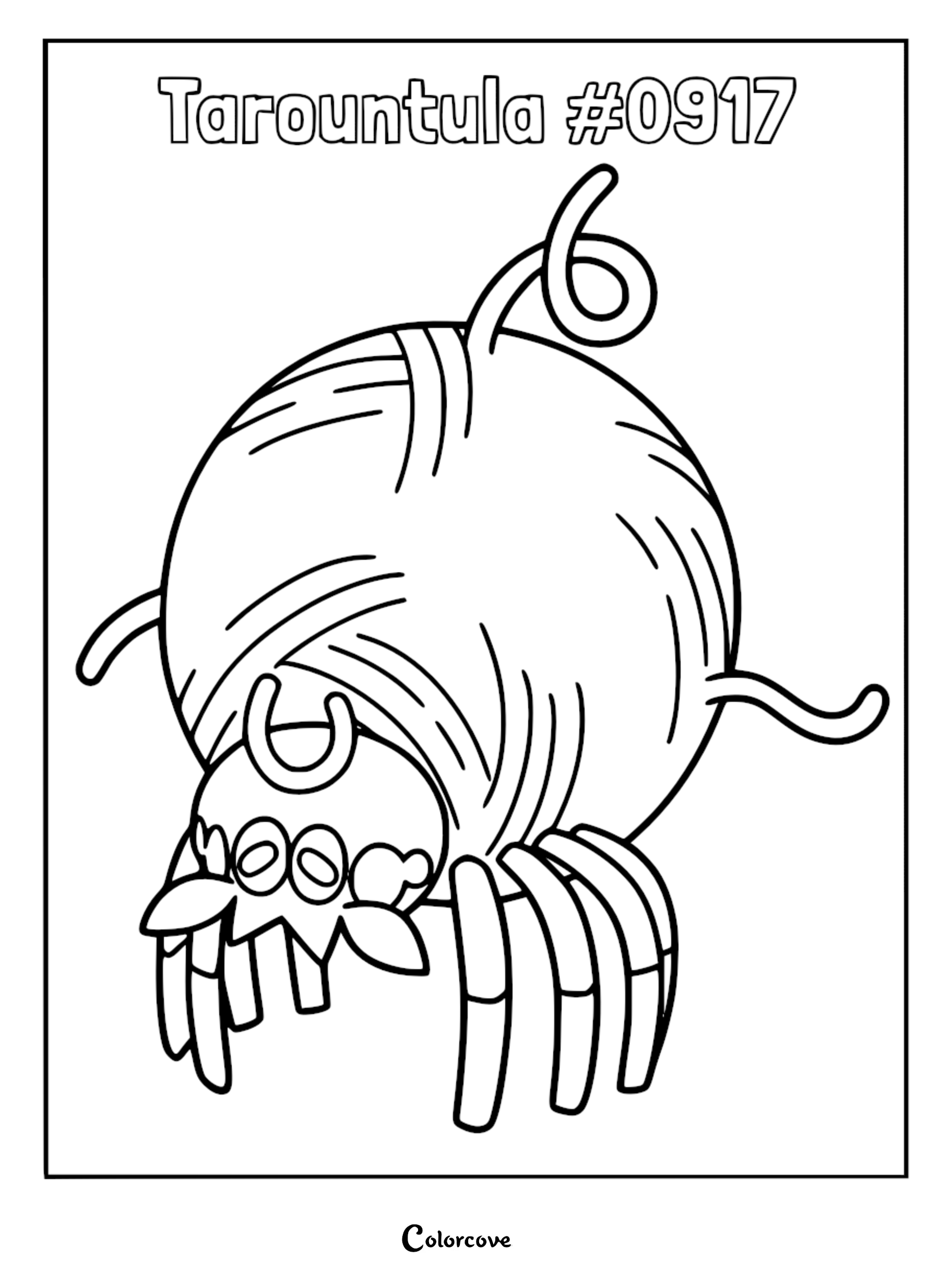 A printable coloring page featuring the round, ball-like Paldean Pokémon Tarountula with its distinct thread-covered body and small legs.