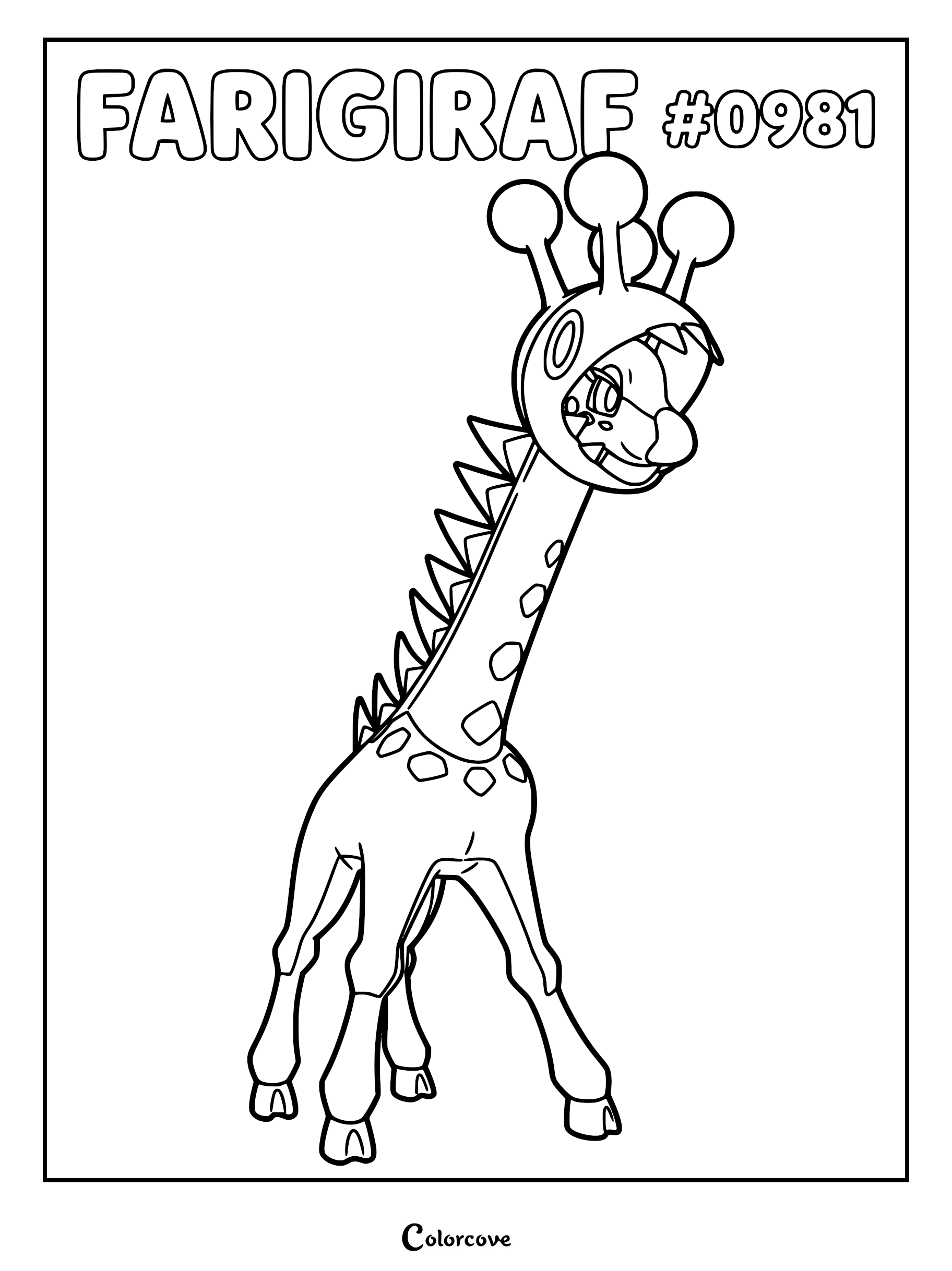 A printable coloring page featuring the Gen 9 Paldea Pokémon Farigiraf with its signature head-hood and long neck.