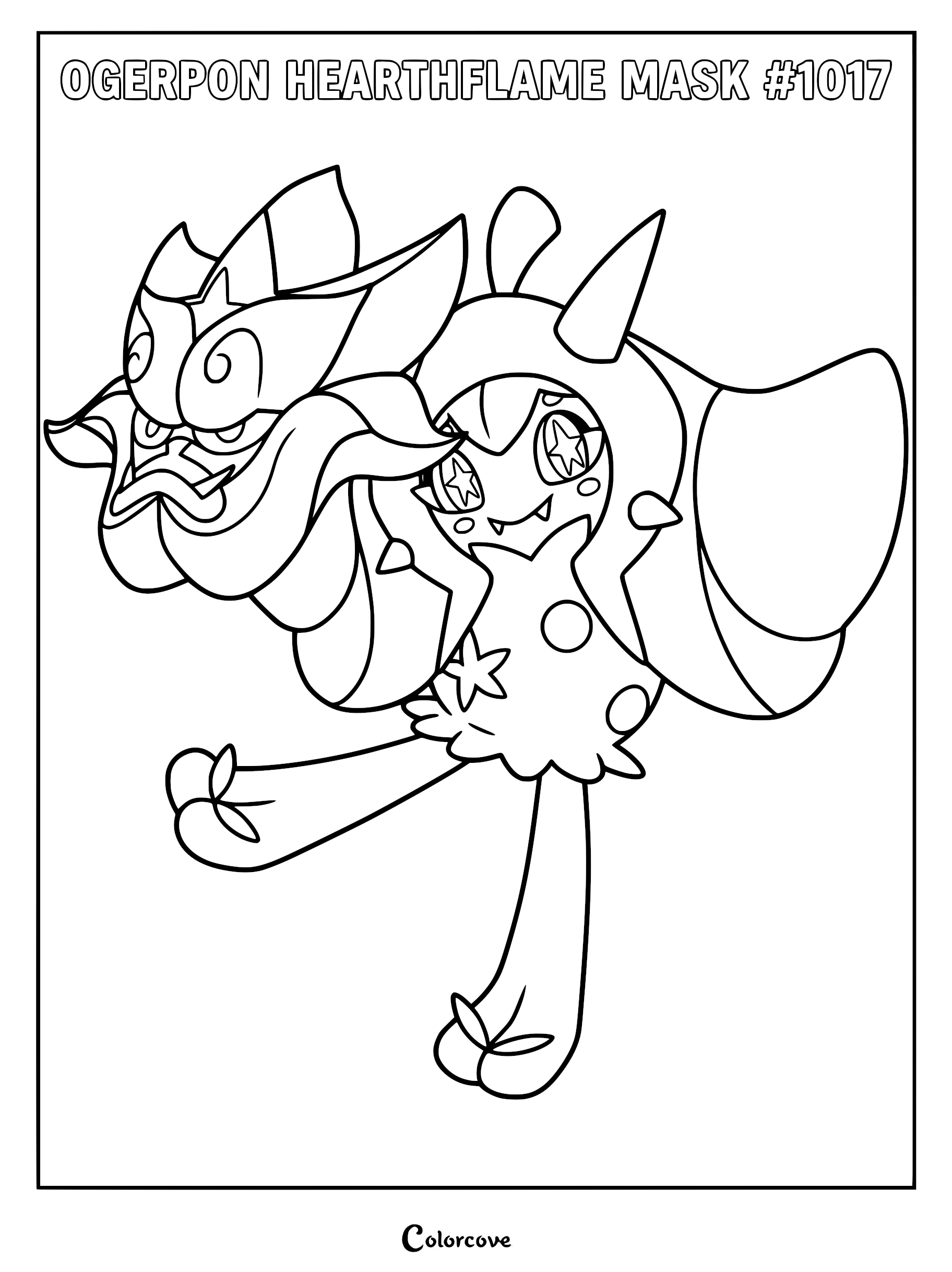 Ogerpon Hearthflame Mask holding its fiery mask in this detailed line art coloring page.