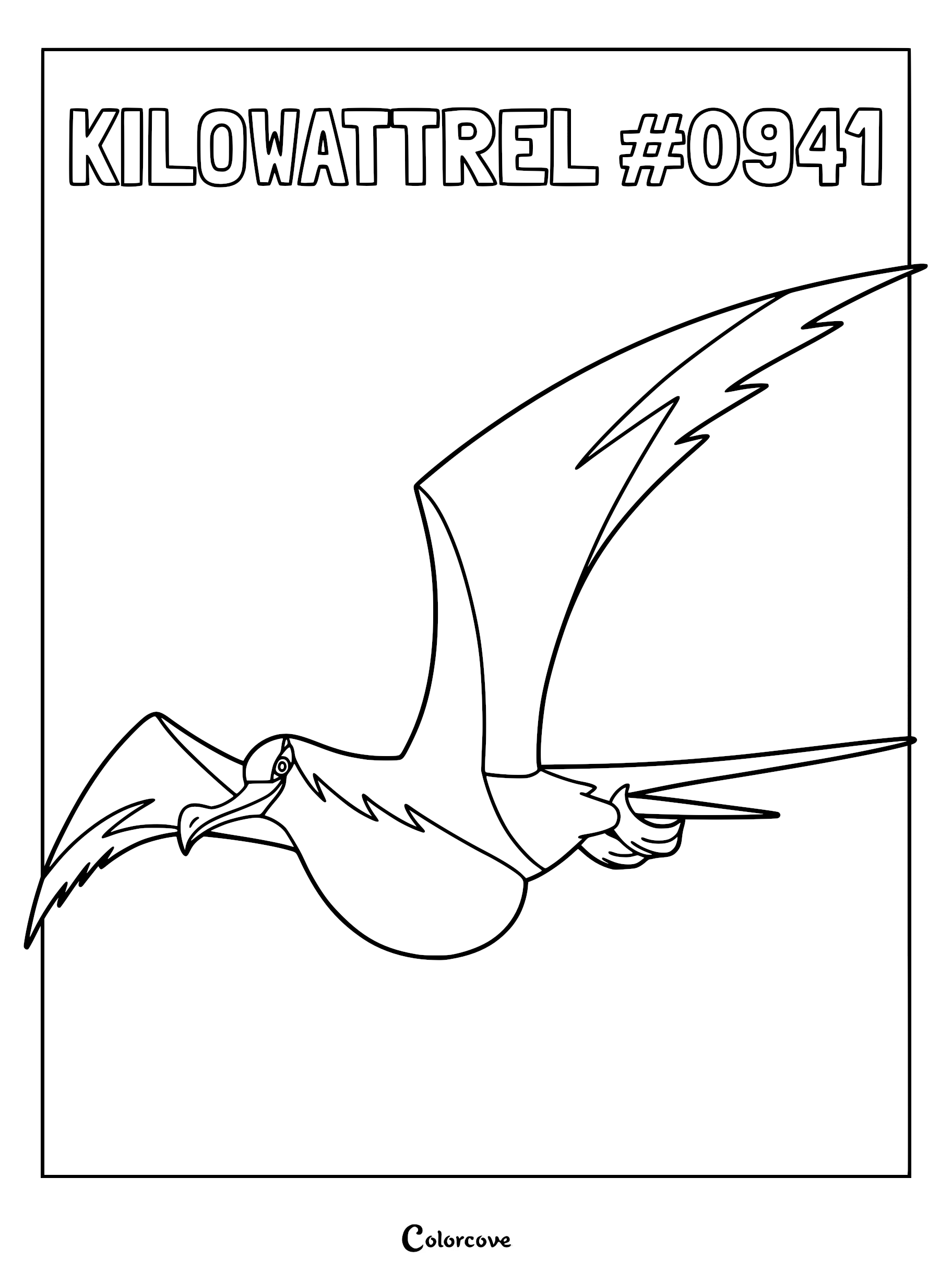 Kilowattrel flying with wings spread wide in this printable line art coloring page.