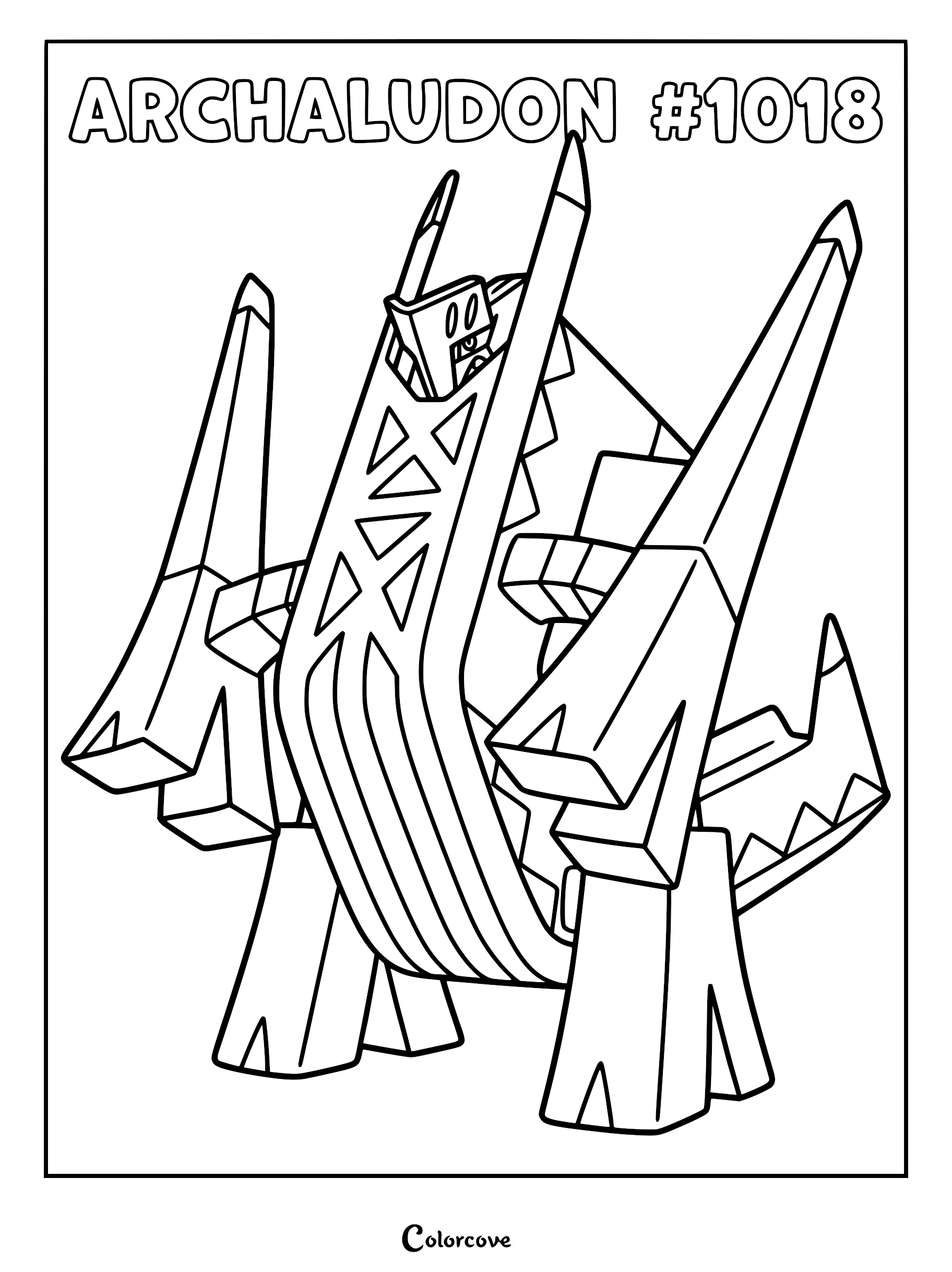 Archaludon standing in a bridge-like stance, detailed line art coloring page of the Gen 9 Paldea Pokémon.