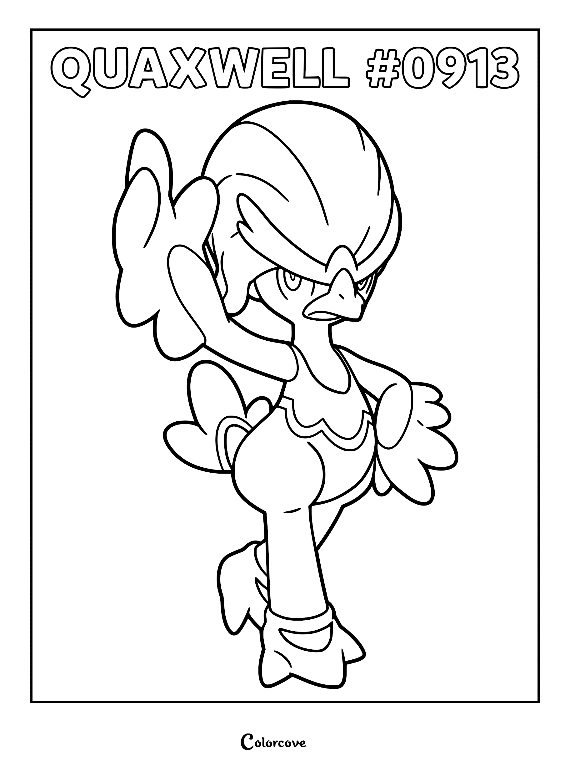 Quaxwell Pokémon standing in a confident pose, featuring its signature pompadour-like crest and webbed feet, presented as a clean line art coloring page.