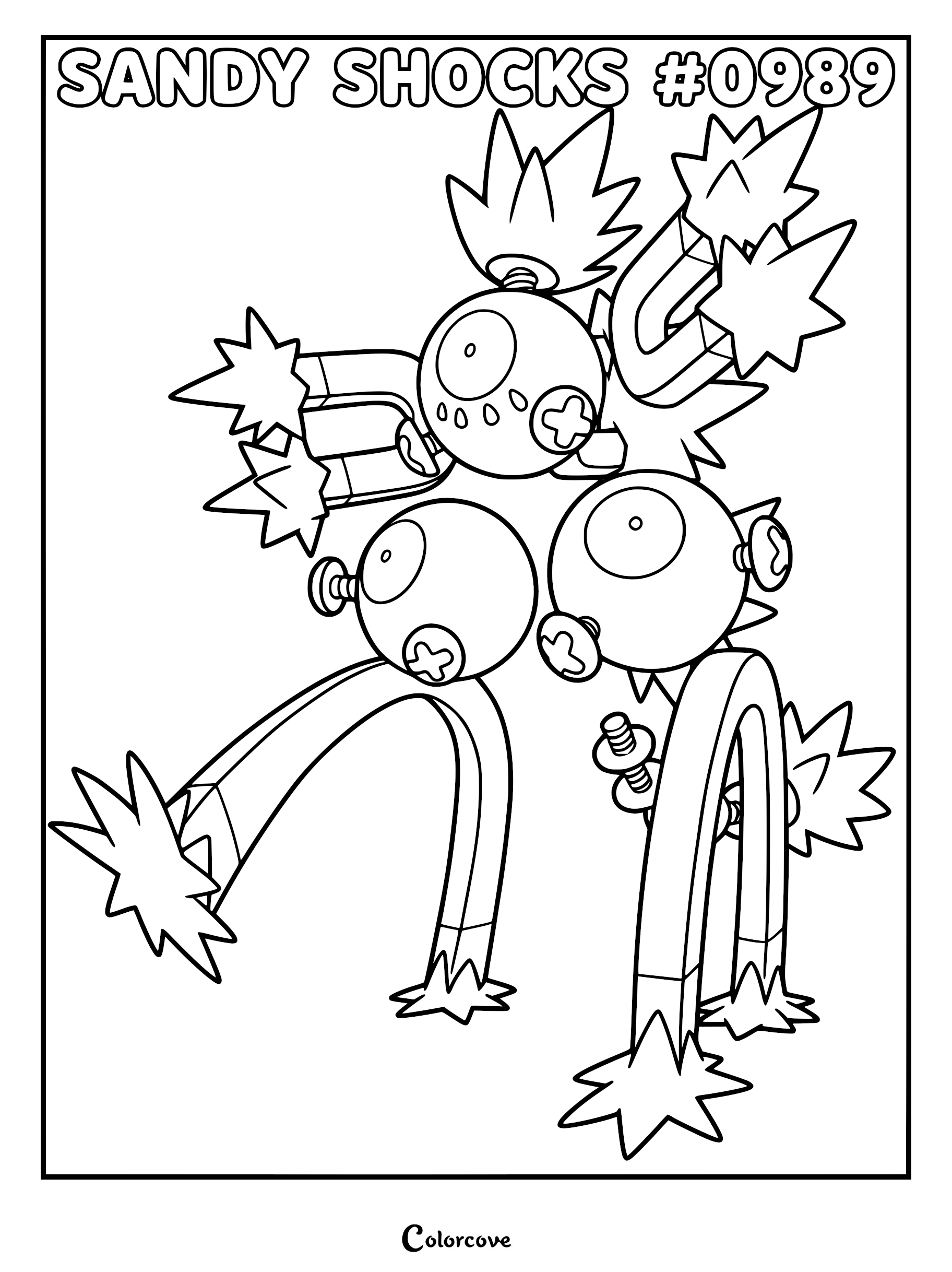 A detailed coloring page of the Paldean Pokémon Sandy Shocks, featuring its magnetic body, spiky hair, and metallic legs in a line art style.