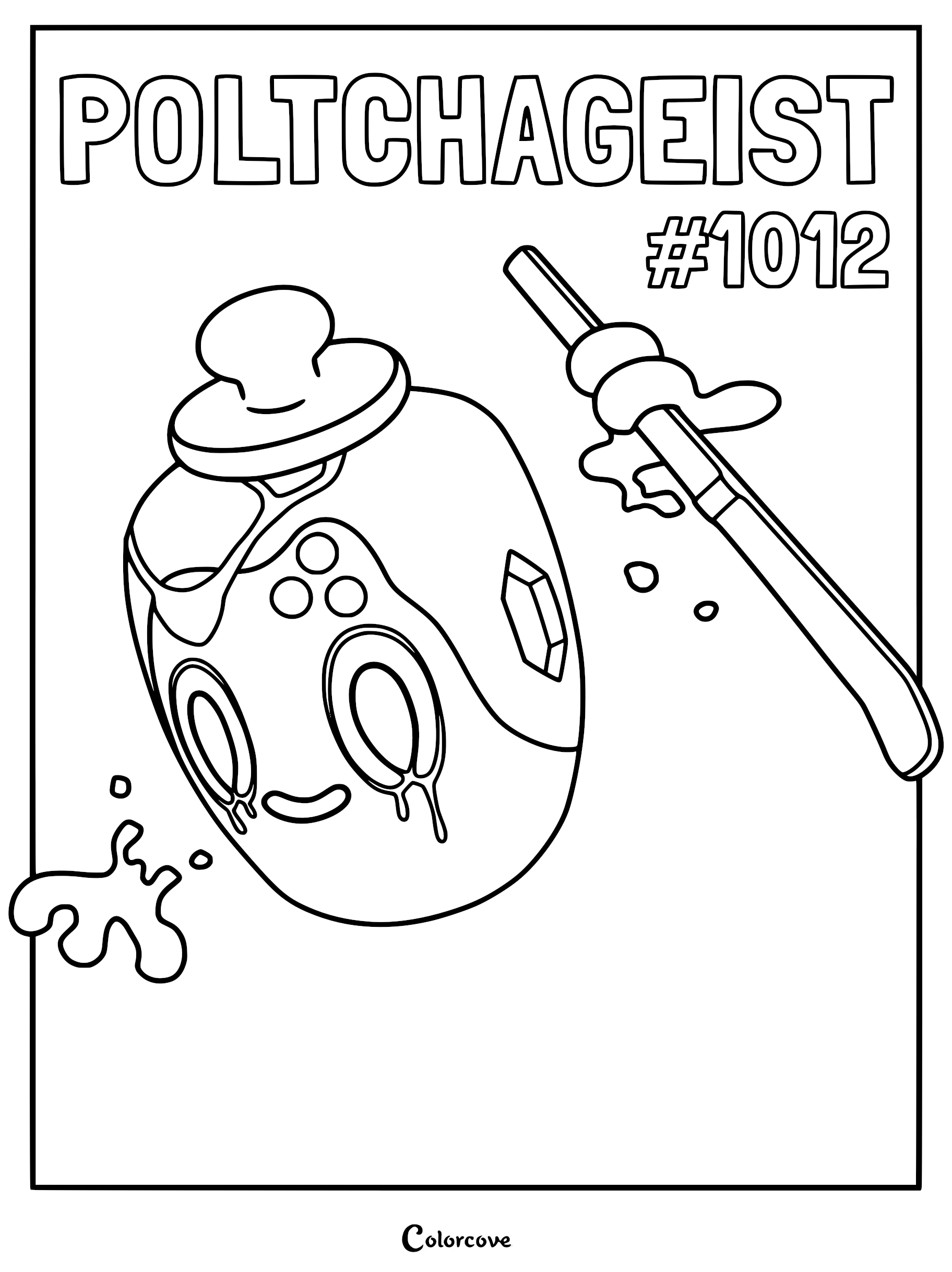 Poltchageist Pokémon coloring page featuring the tea-based creature with a lid on its head and a tea whisk nearby.