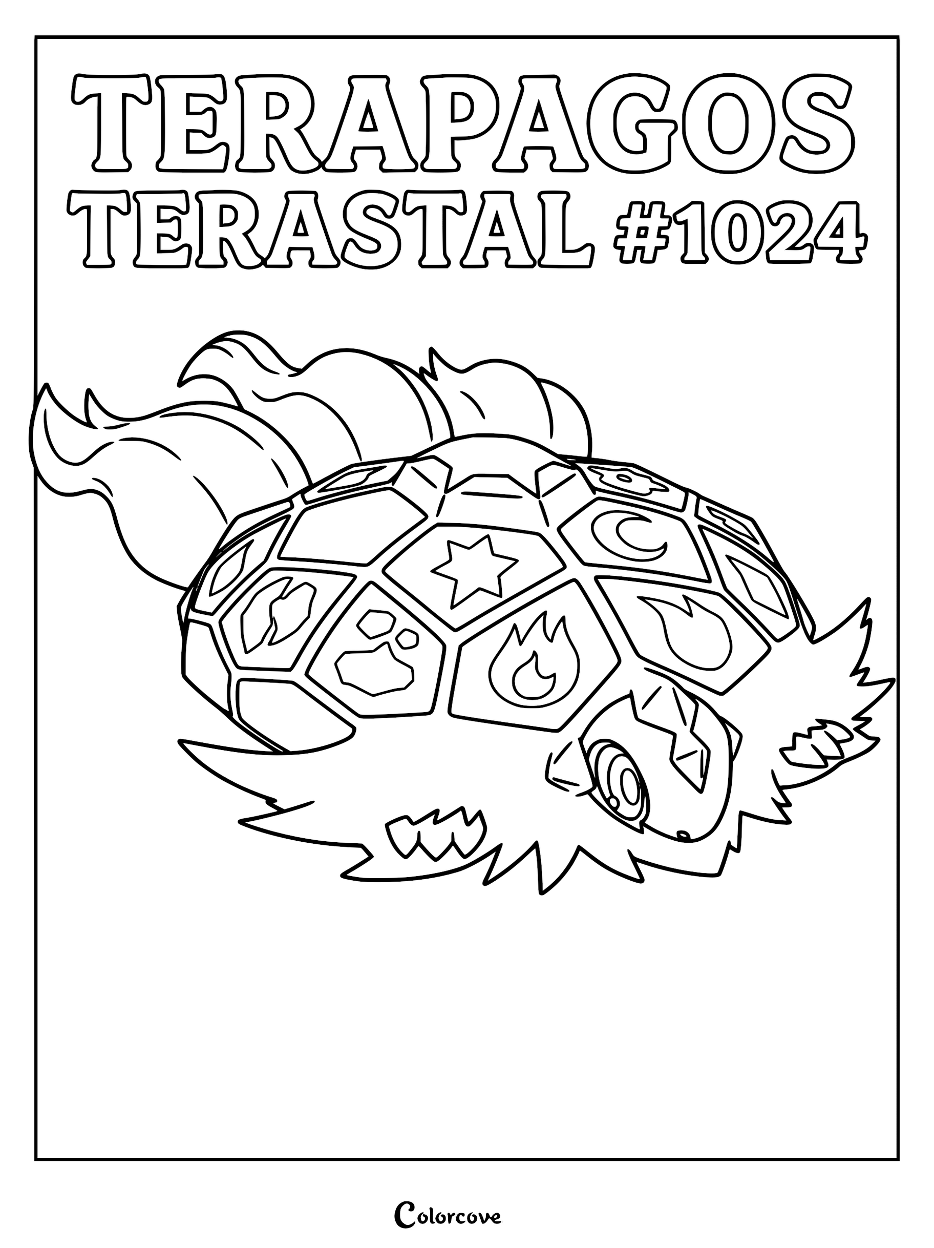Terapagos Terastal Form coloring page featuring the legendary turtle Pokémon with a crystalline shell decorated with elemental symbols.