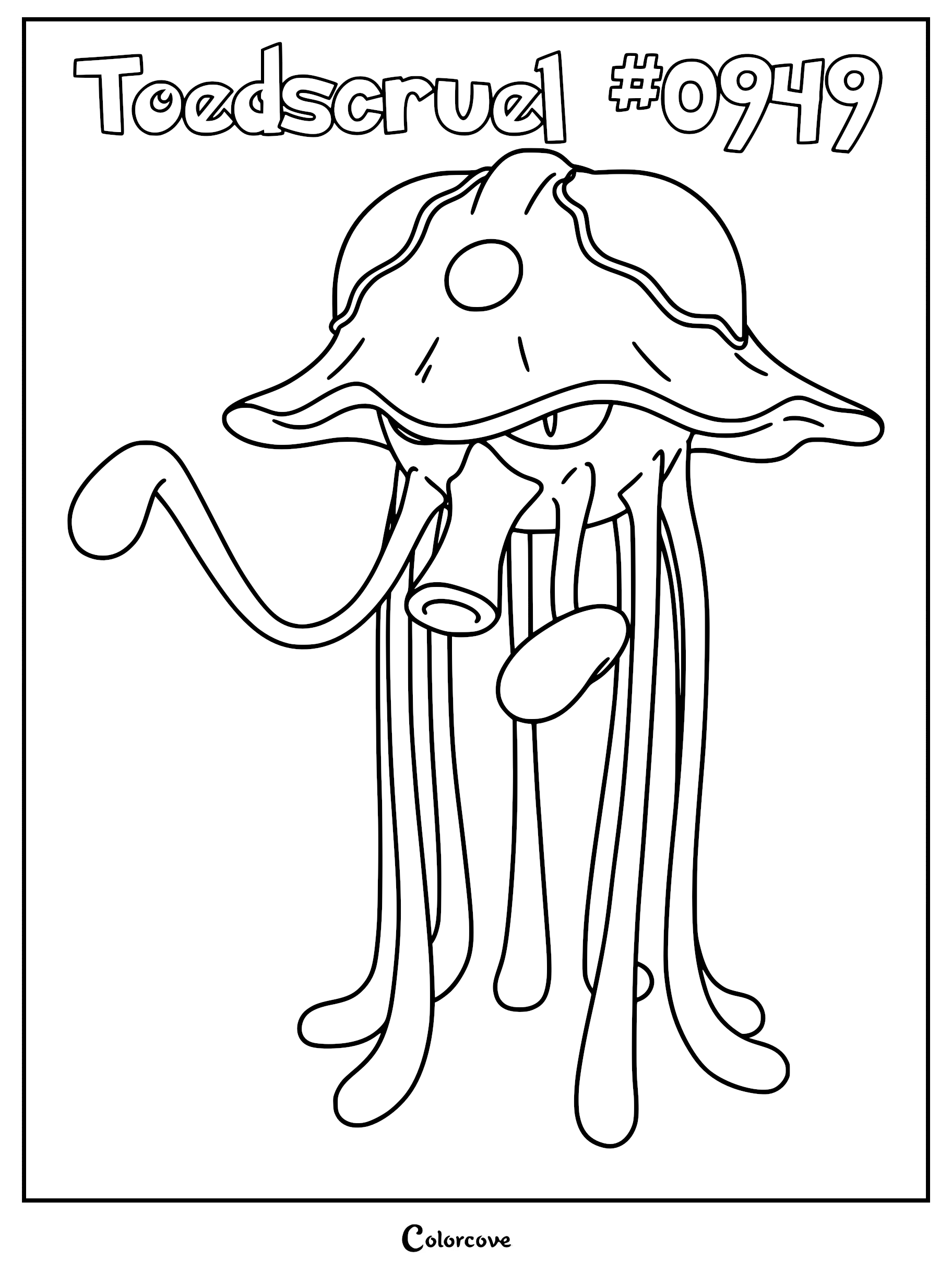 Toedscruel coloring page featuring the mushroom-like Paldean Pokémon with long dangling tentacles and a wide cap.