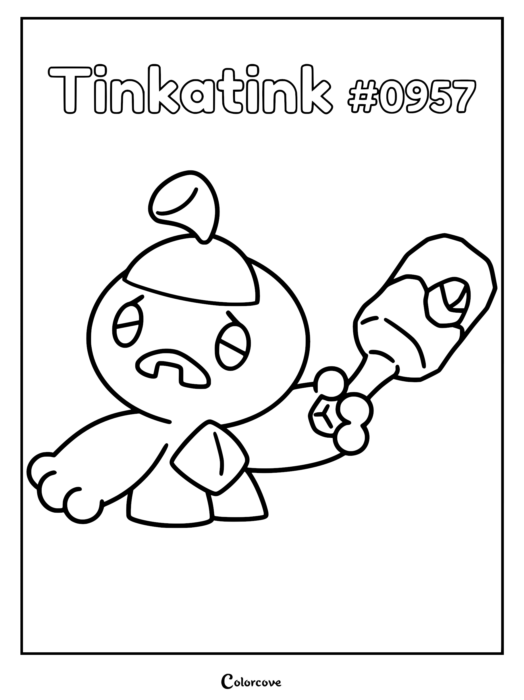A printable coloring page of Tinkatink holding its signature metal hammer with a small horn on its head.