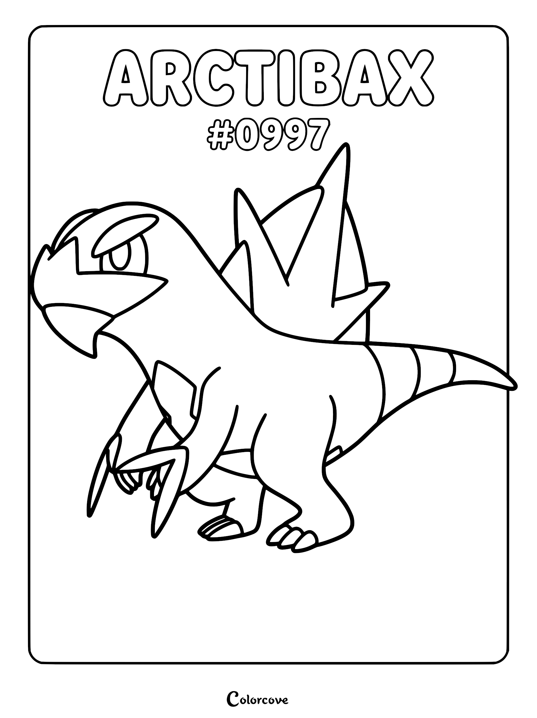 Arctibax coloring page featuring the Gen 9 Paldea Pokémon with its signature dorsal ice fin and sharp claws.