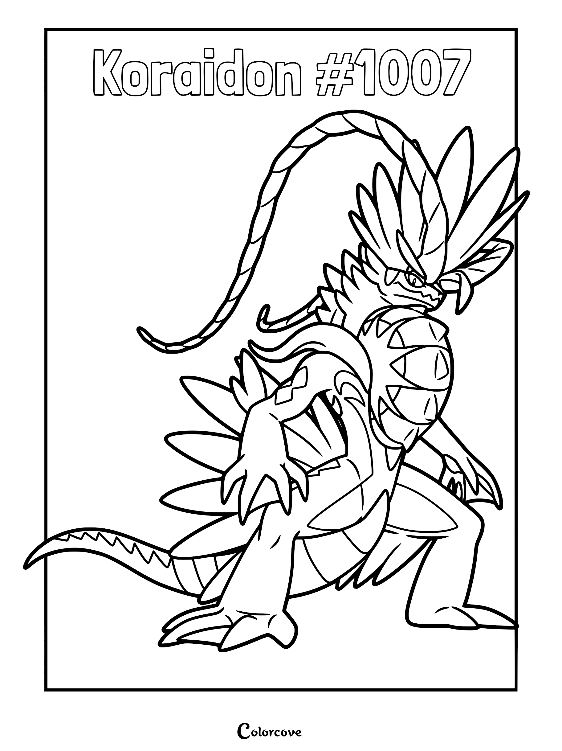 Koraidon standing in a dynamic pose, featuring its signature feather-like crest and chest wheel in this printable coloring page.