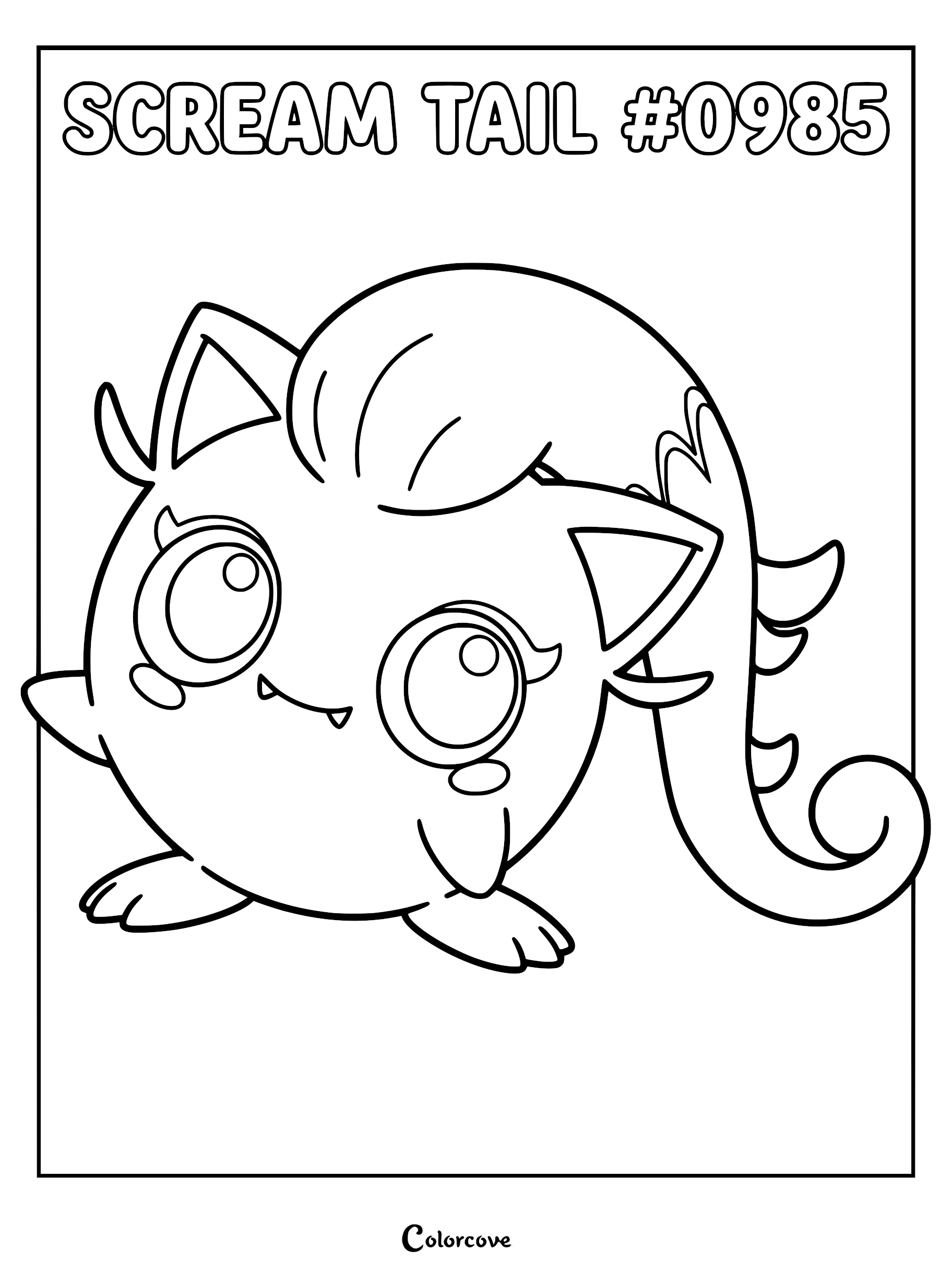 Scream Tail from Paldea region featuring large eyes and a long flowing ponytail in a printable coloring page format.