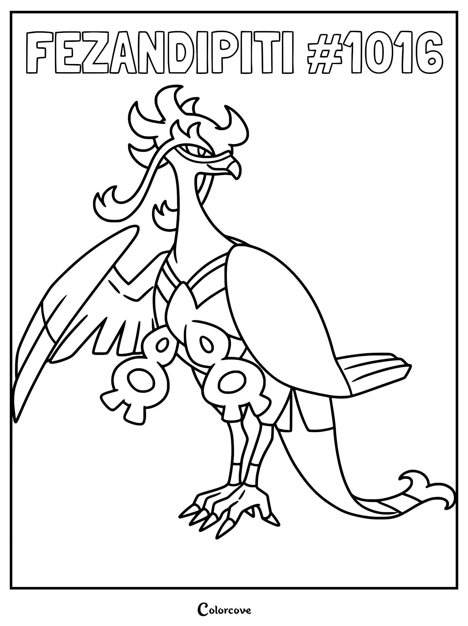 Line art coloring page of Fezandipiti, the bird-like Pokémon with a long tail and decorative chest ornaments.