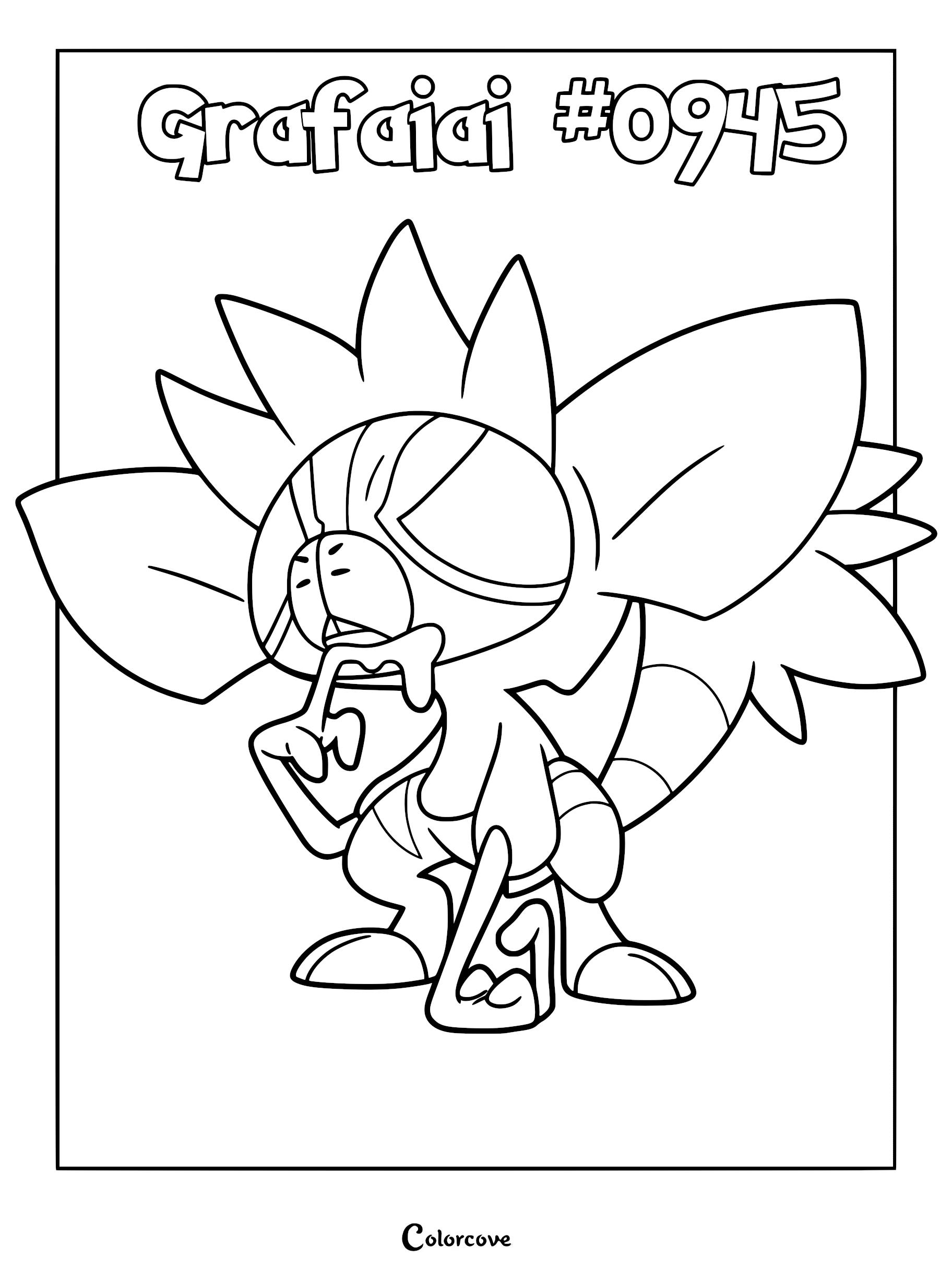 Grafaiai #0945 coloring page featuring the lemur-like Pokémon with large ears and a striped tail holding a brush-like finger to its mouth.