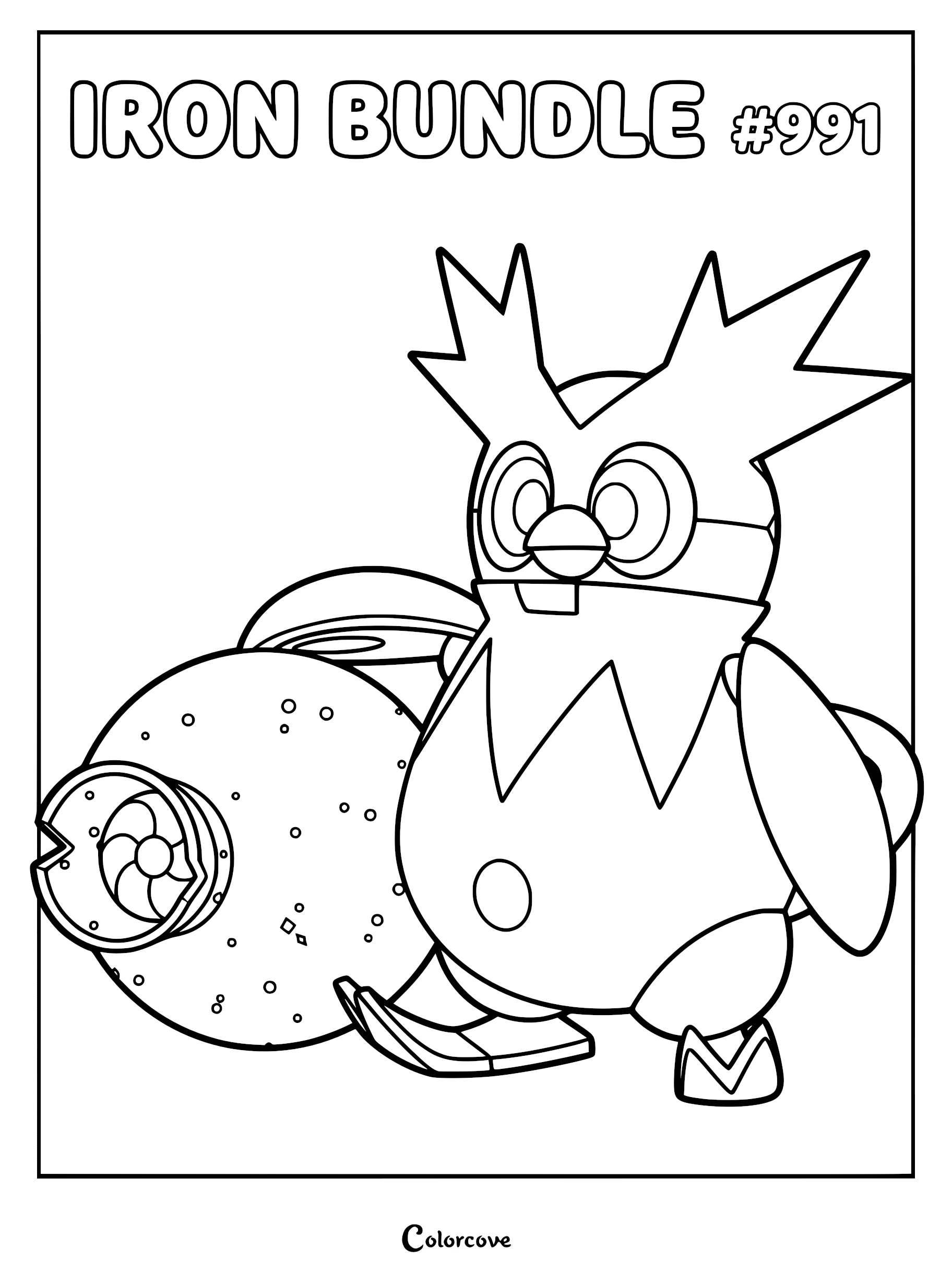 Iron Bundle #991 standing with its large spherical cannon-like tail in a clean line art coloring page style.