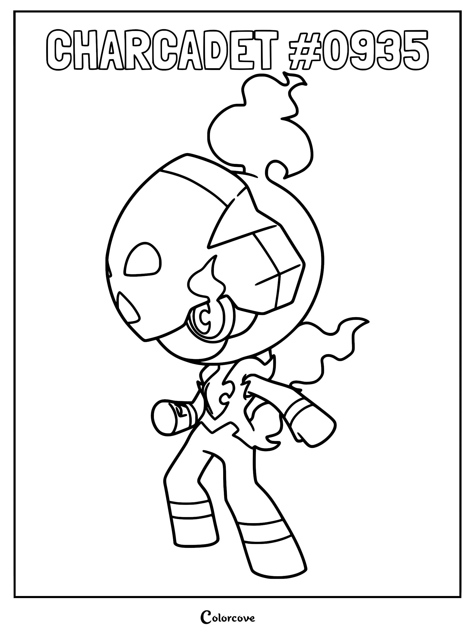 Charcadet Pokémon coloring page featuring the fire-type creature with its signature helmet and flame-shaped head crest.