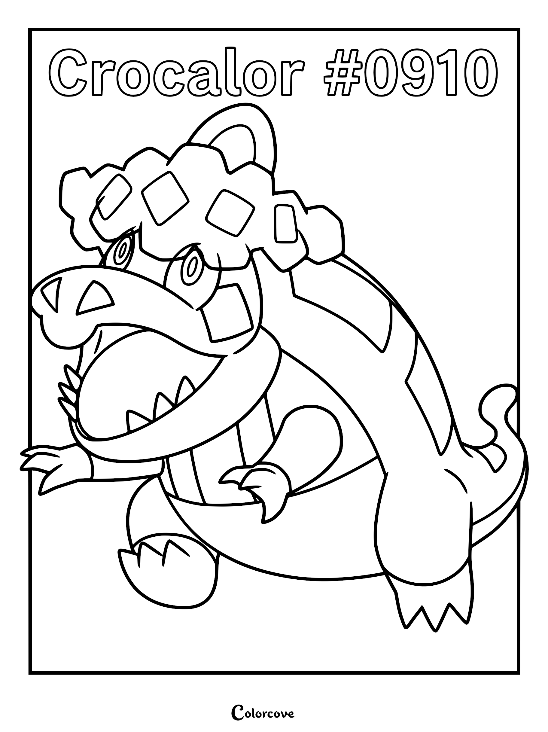 Crocalor coloring page featuring the Gen 9 Paldea Fire-type Pokémon with its signature egg-shaped nest on its head.