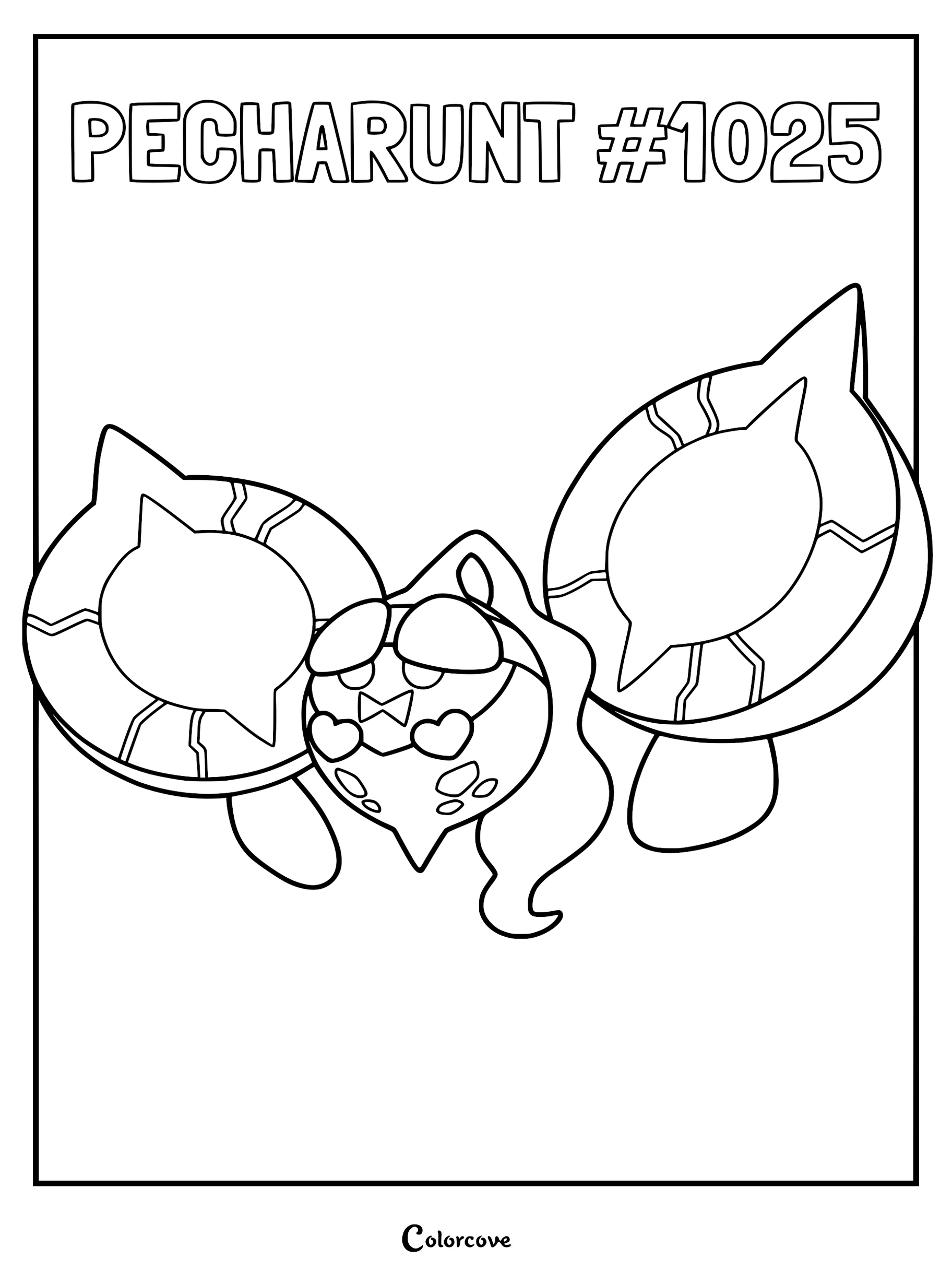 A printable coloring page of the Paldean Pokémon Pecharunt #1025 with its distinct shell-like appendages and heart-shaped details.