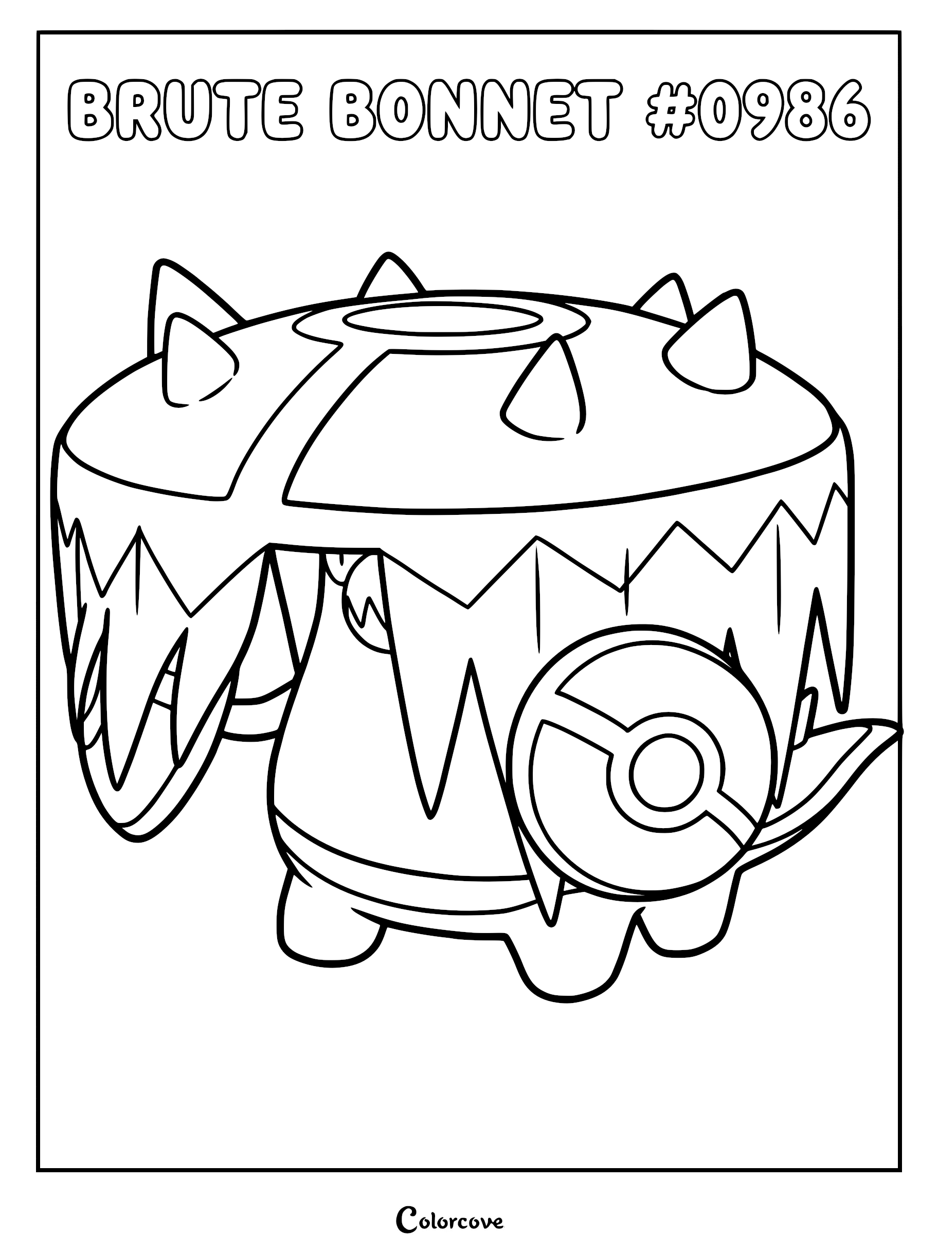 A printable coloring page featuring the Paldea Pokémon Brute Bonnet with its mushroom cap and Poké Ball-like patterns.