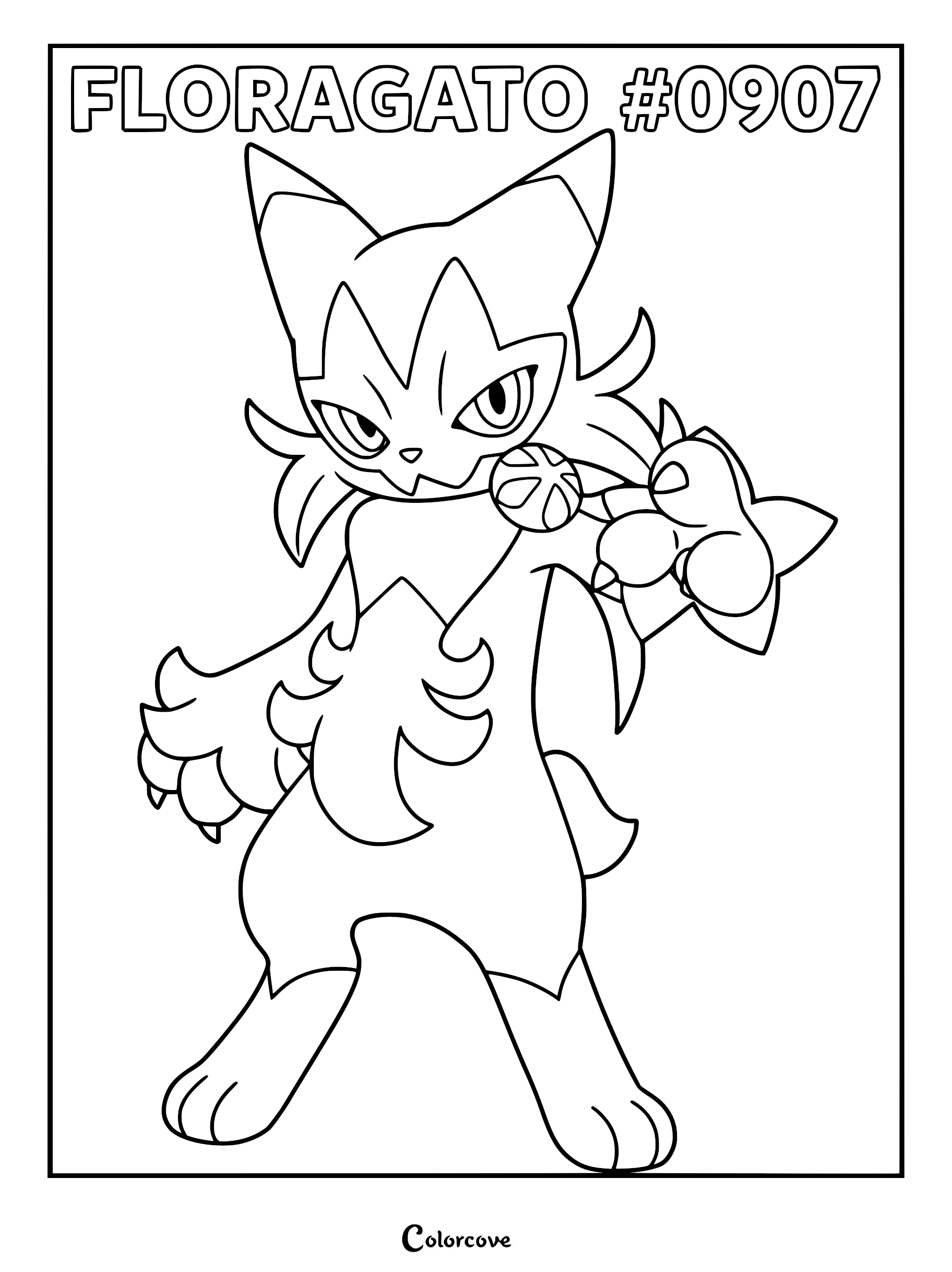 A detailed line art coloring page of the Paldea Pokémon Floragato holding its signature flower bud in its paw.