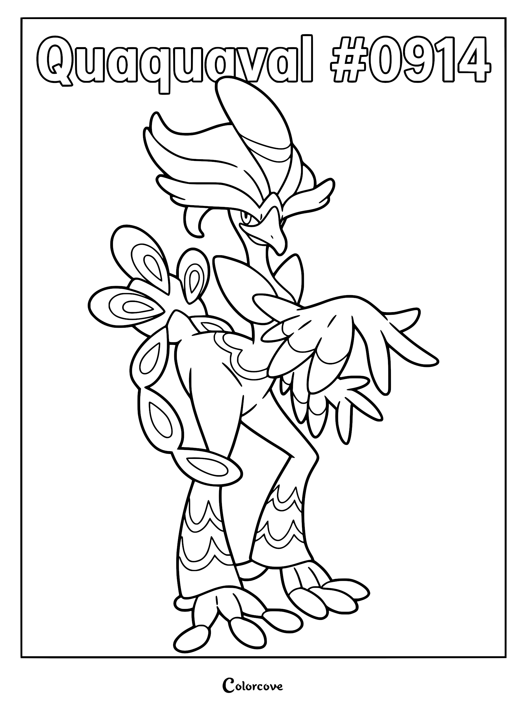 Quaquaval standing in a dynamic pose with its peacock-like tail feathers fanned out in this detailed line art coloring page.