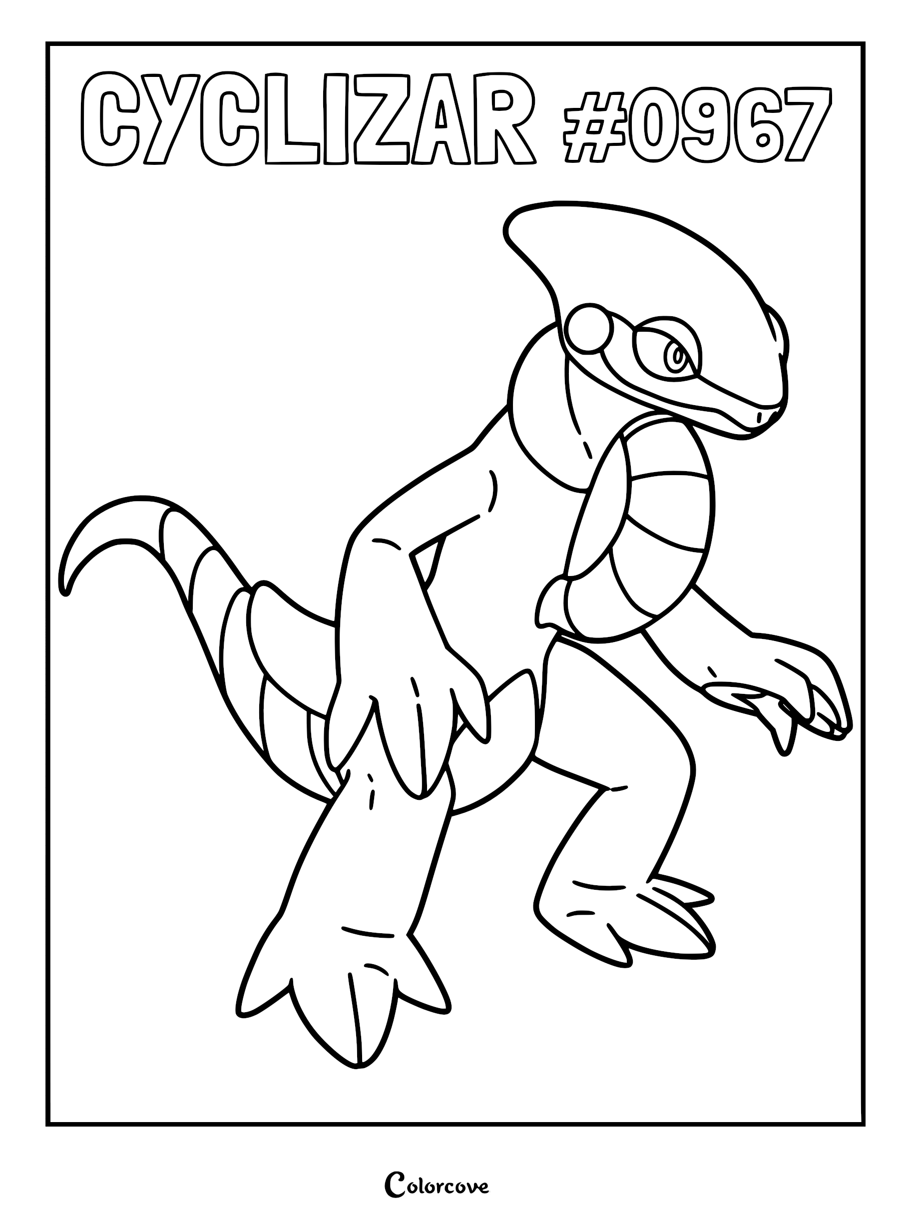 A black and white line art coloring page of the Paldean Pokémon Cyclizar standing in a dynamic pose with its signature wheel-like chest plate visible.