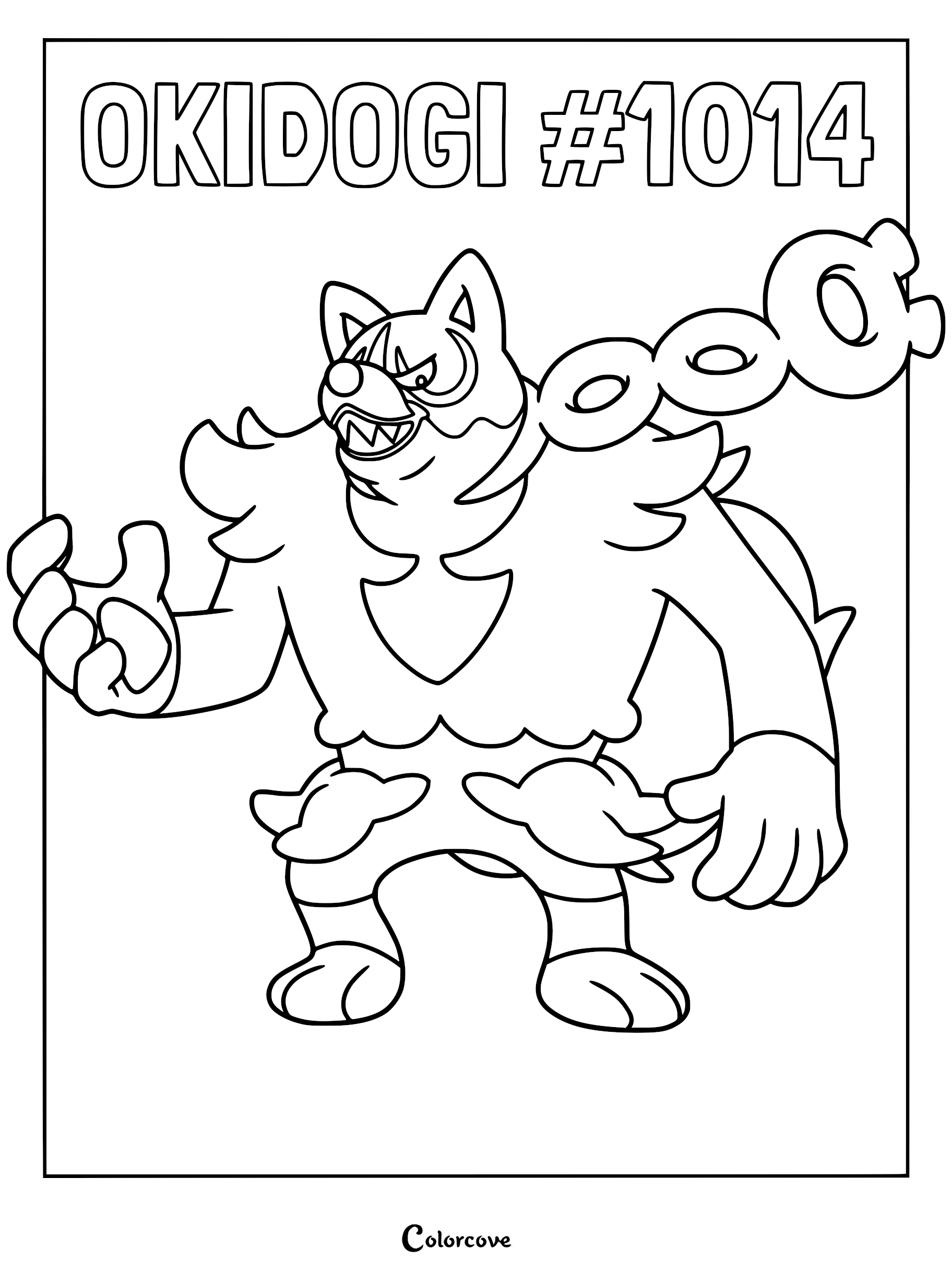 Okidogi from Paldea region standing in a bold pose, featured on a printable coloring page with its name and number 1014 at the top.