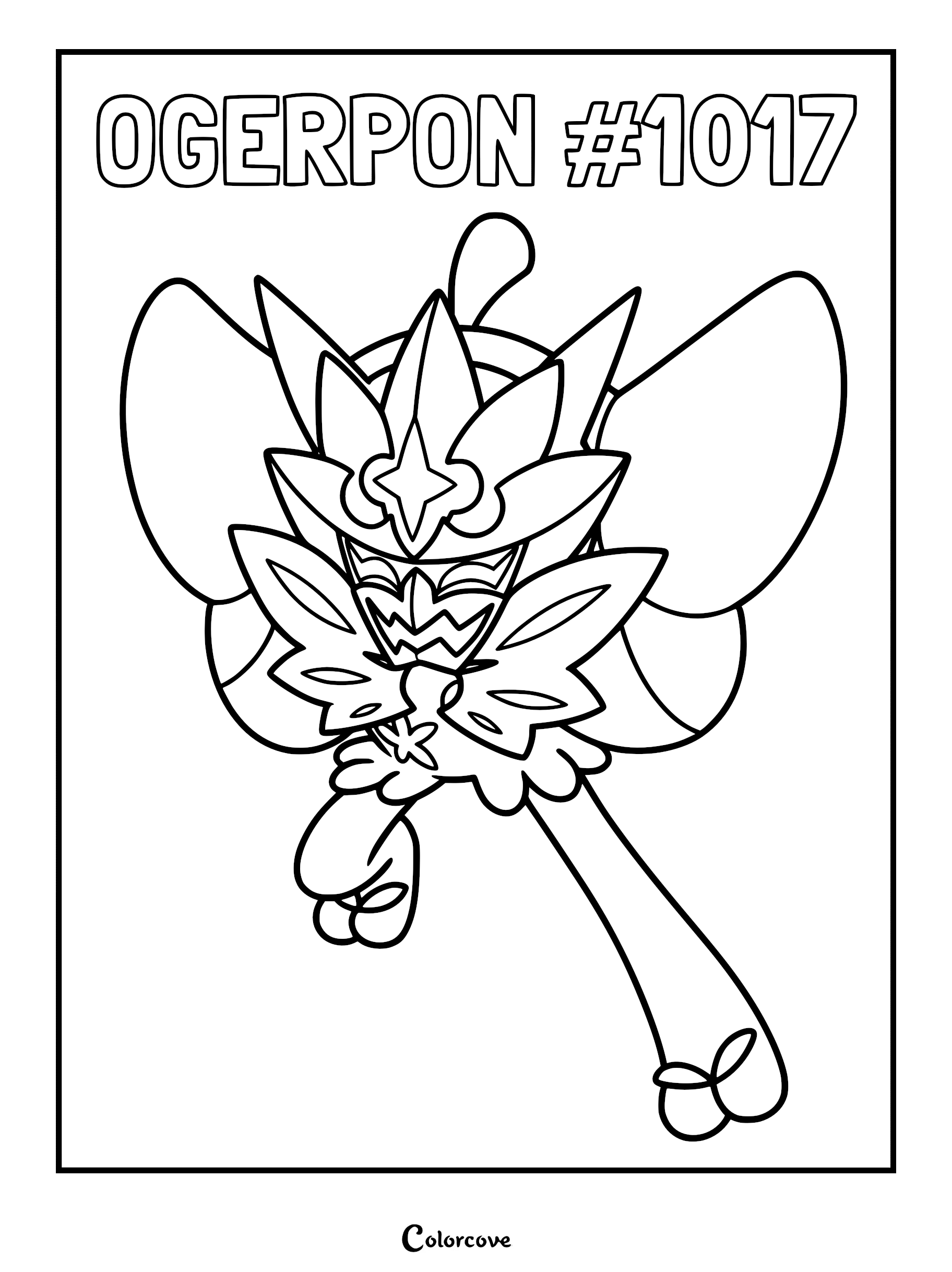 Ogerpon in its Teal Mask form, featuring its signature floral mask and leafy cape, presented as a clean line art coloring page.