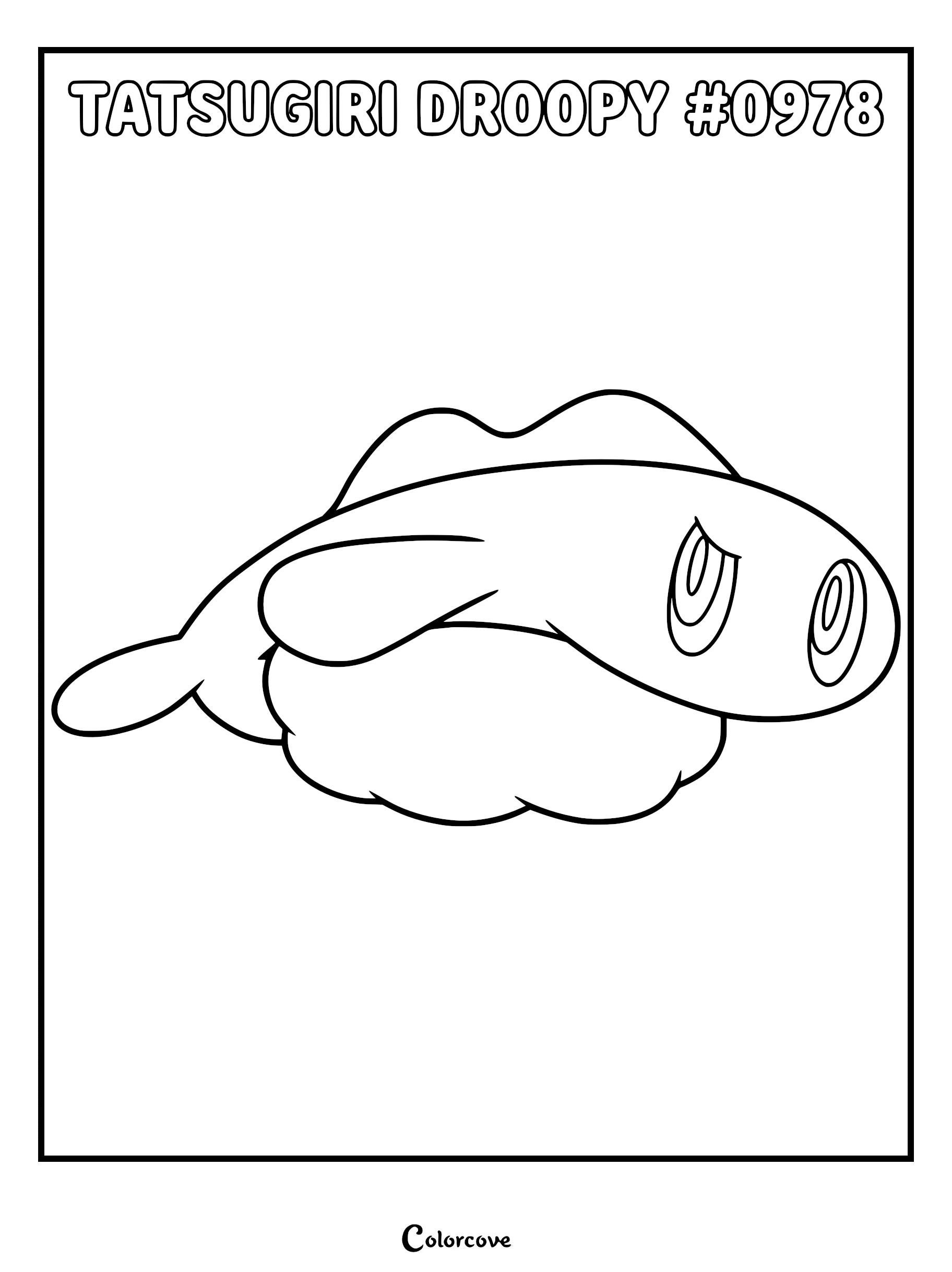 A printable coloring page featuring the sushi-shaped Pokémon Tatsugiri in its Droopy Form with its signature drooping fin.