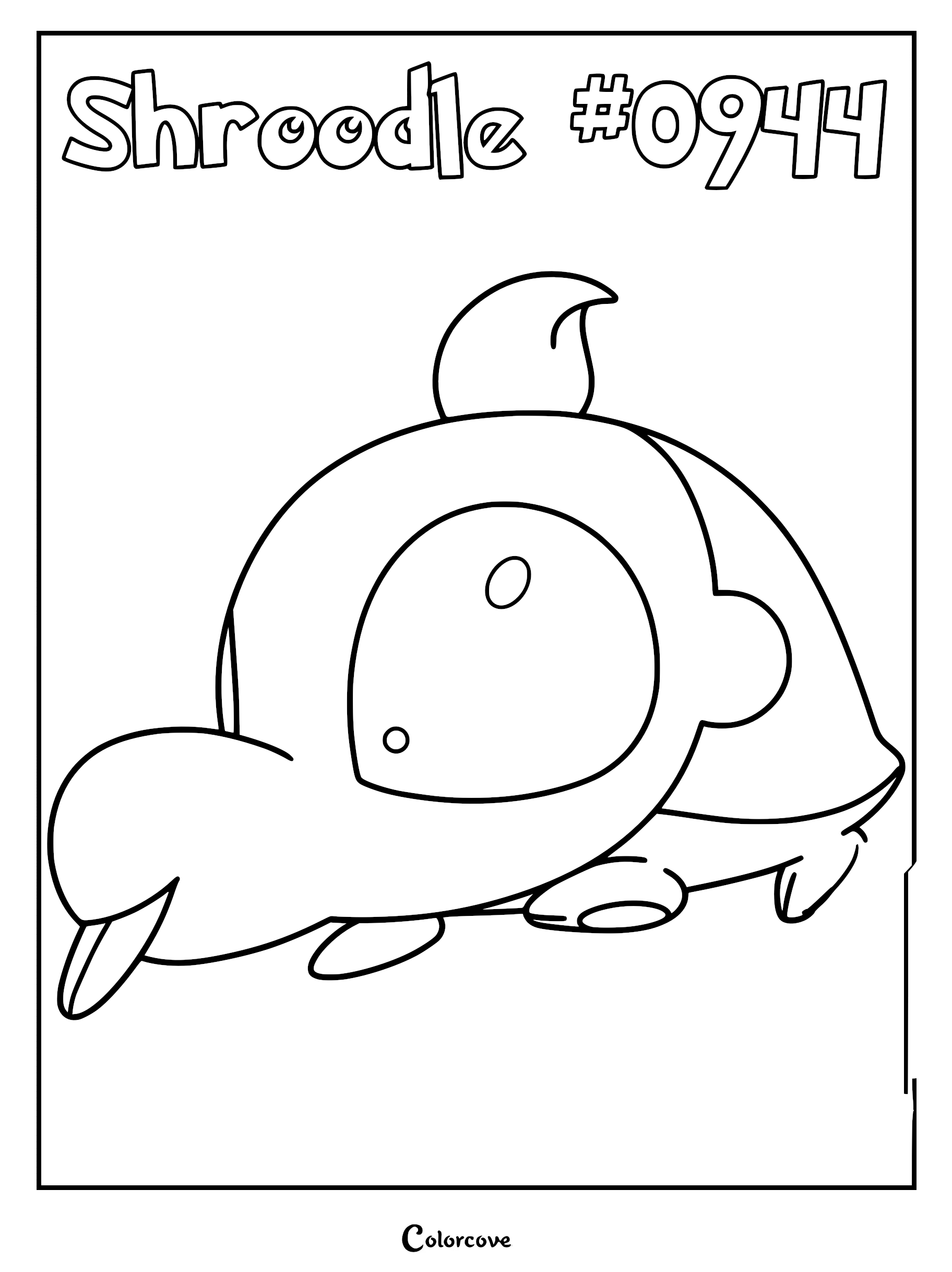 A printable coloring page featuring the Paldean Pokémon Shroodle with its signature large eye and small tongue sticking out.
