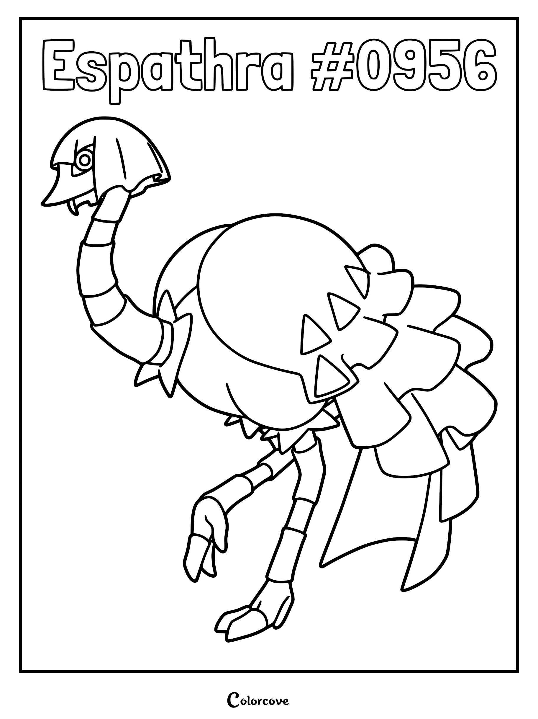 Espathra standing in profile, featuring its distinct ostrich-like neck, frilled plumage, and triangular markings on a printable coloring page.