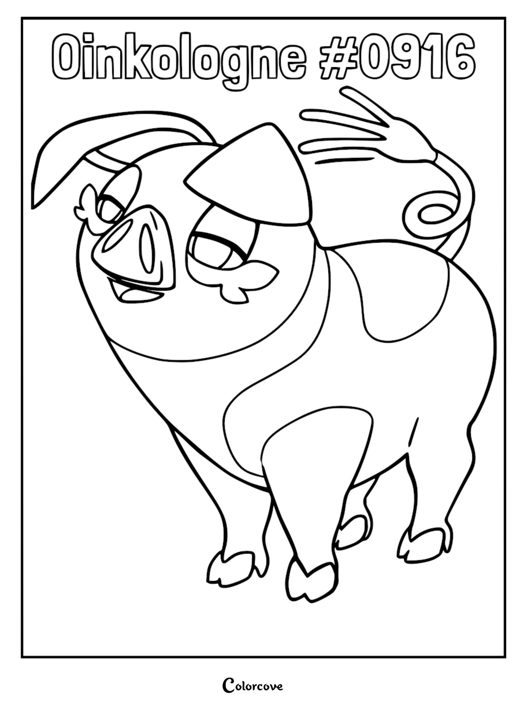A printable coloring page featuring Oinkologne, the Paldean hog Pokémon, standing with a curly tail and distinct facial markings.