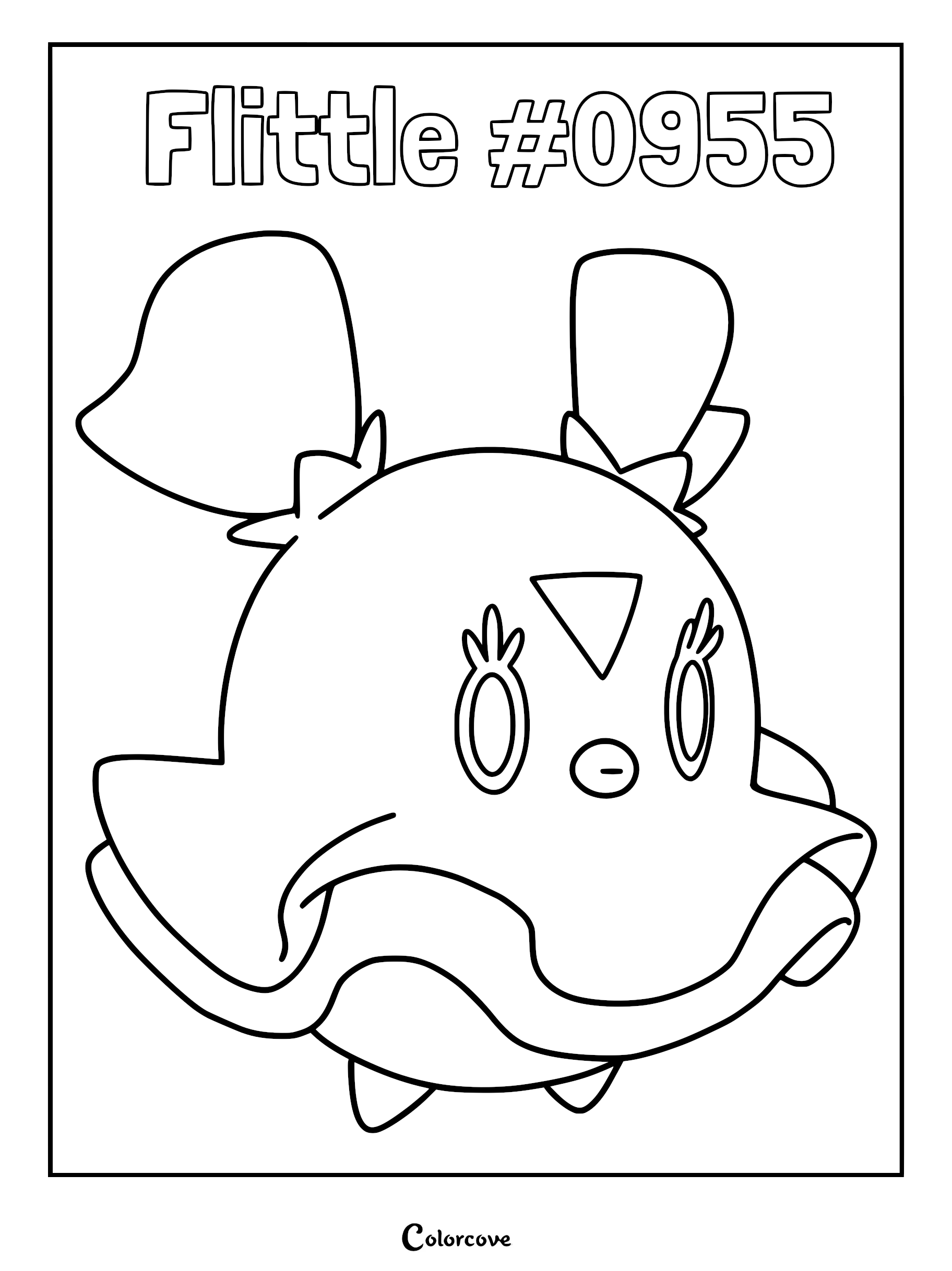 A printable coloring page featuring the Paldean Pokémon Flittle with its distinct frilled body and feather-like head appendages.