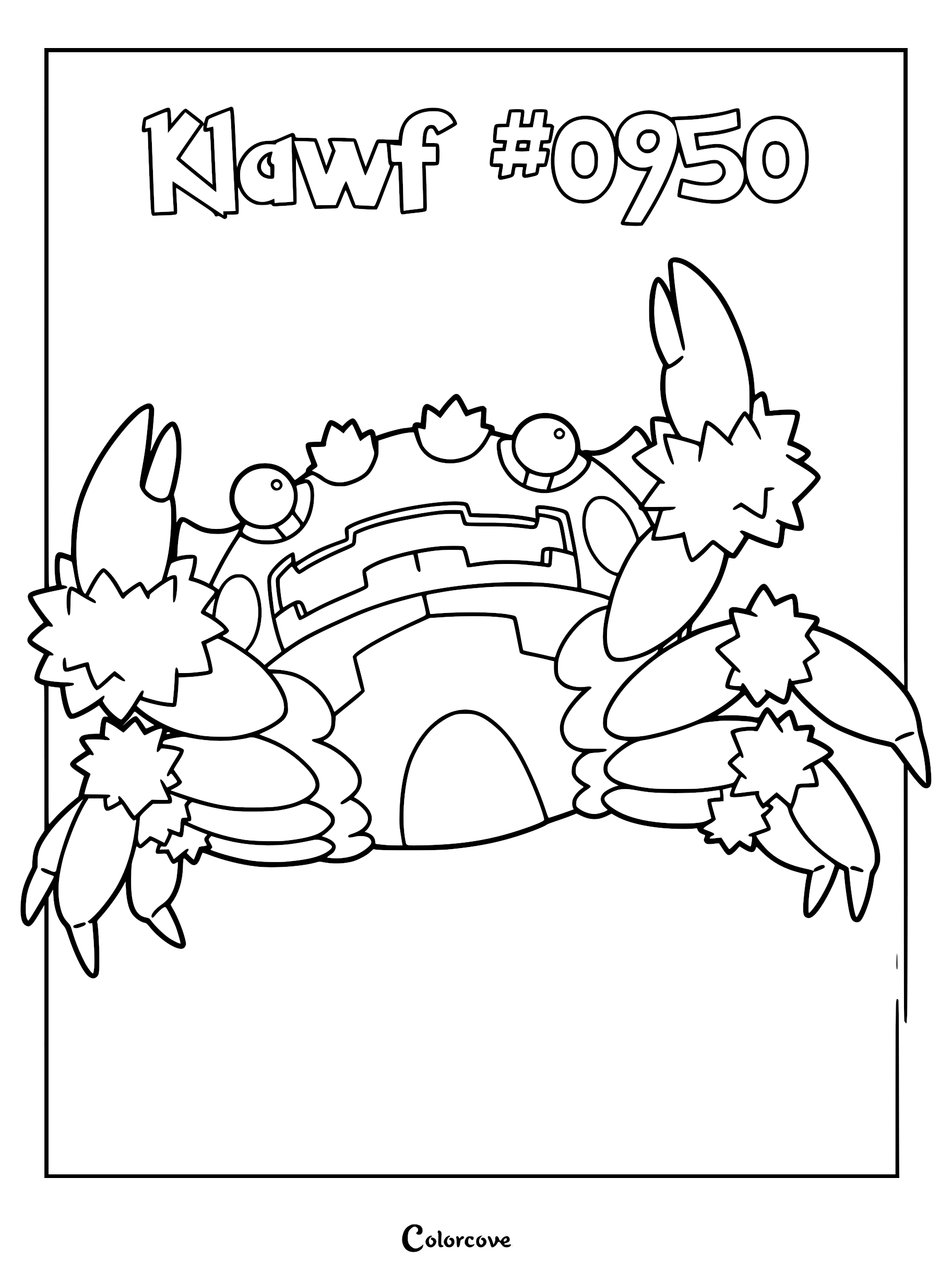 Klawf #0950 from Paldea region, a crab-like Pokémon with large claws and spiky joints, featured in a clean line art coloring page.