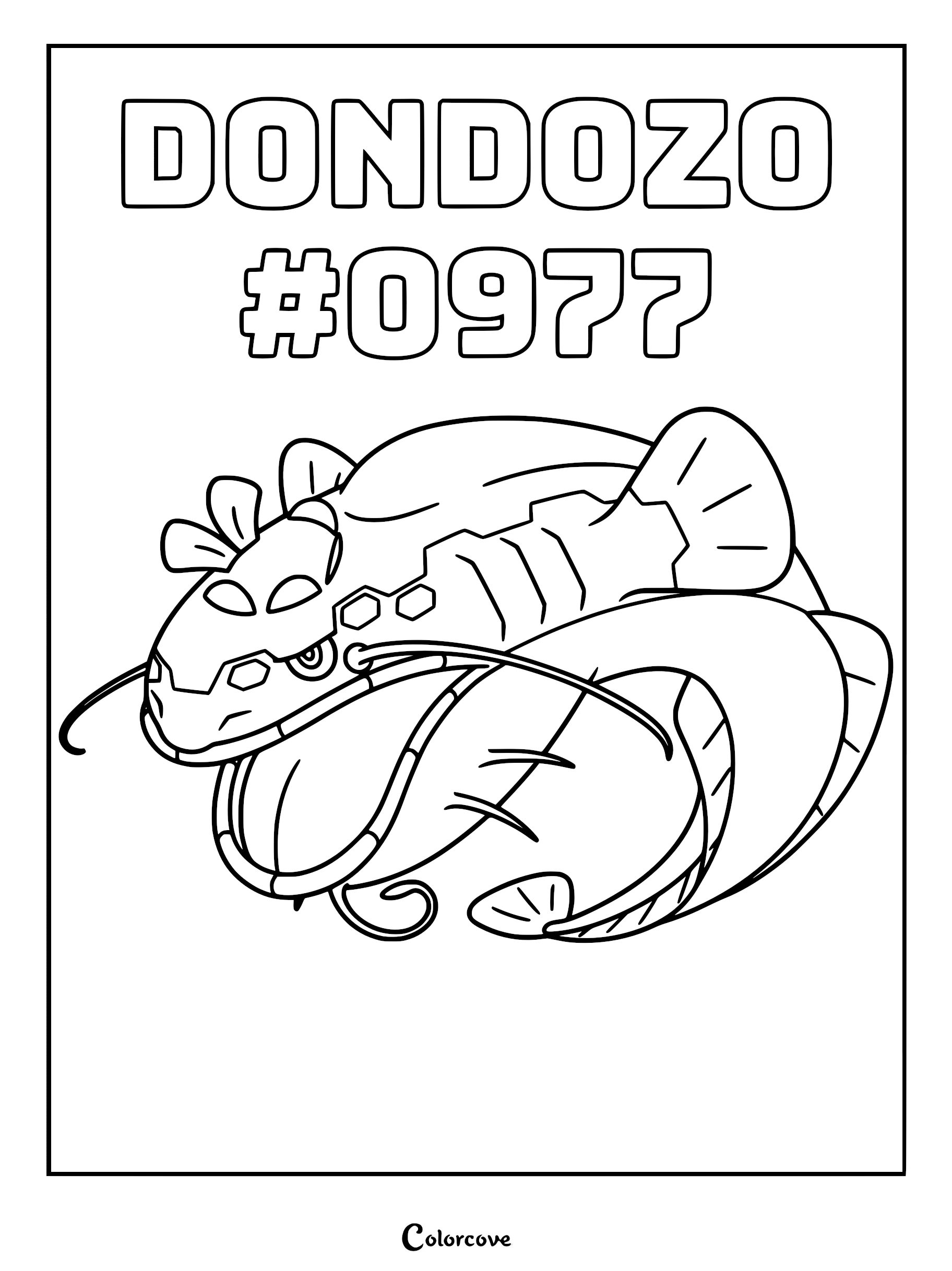 Dondozo coloring page featuring the large catfish Pokémon with its signature whiskers and fins in a bold line art style.