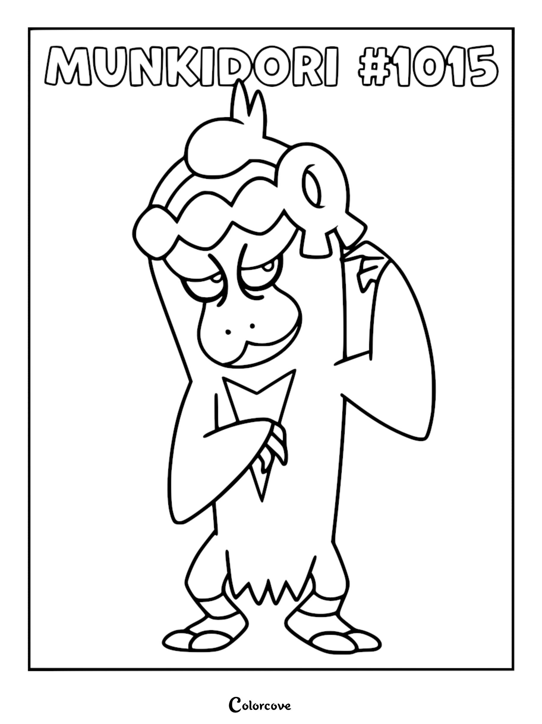 Munkidori #1015 from Paldea region in a printable coloring page format with bold black outlines.